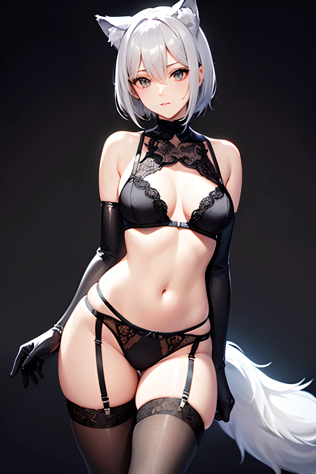 （masutepiece）（high-level image quality）:1:3）　femele　 Black Long Gloves（（blanche）（gloves））　Black stockings（（Nero）（stockings））　Black lingerie（A sexy）　The hair（short（Grey hair））　Wolf ears