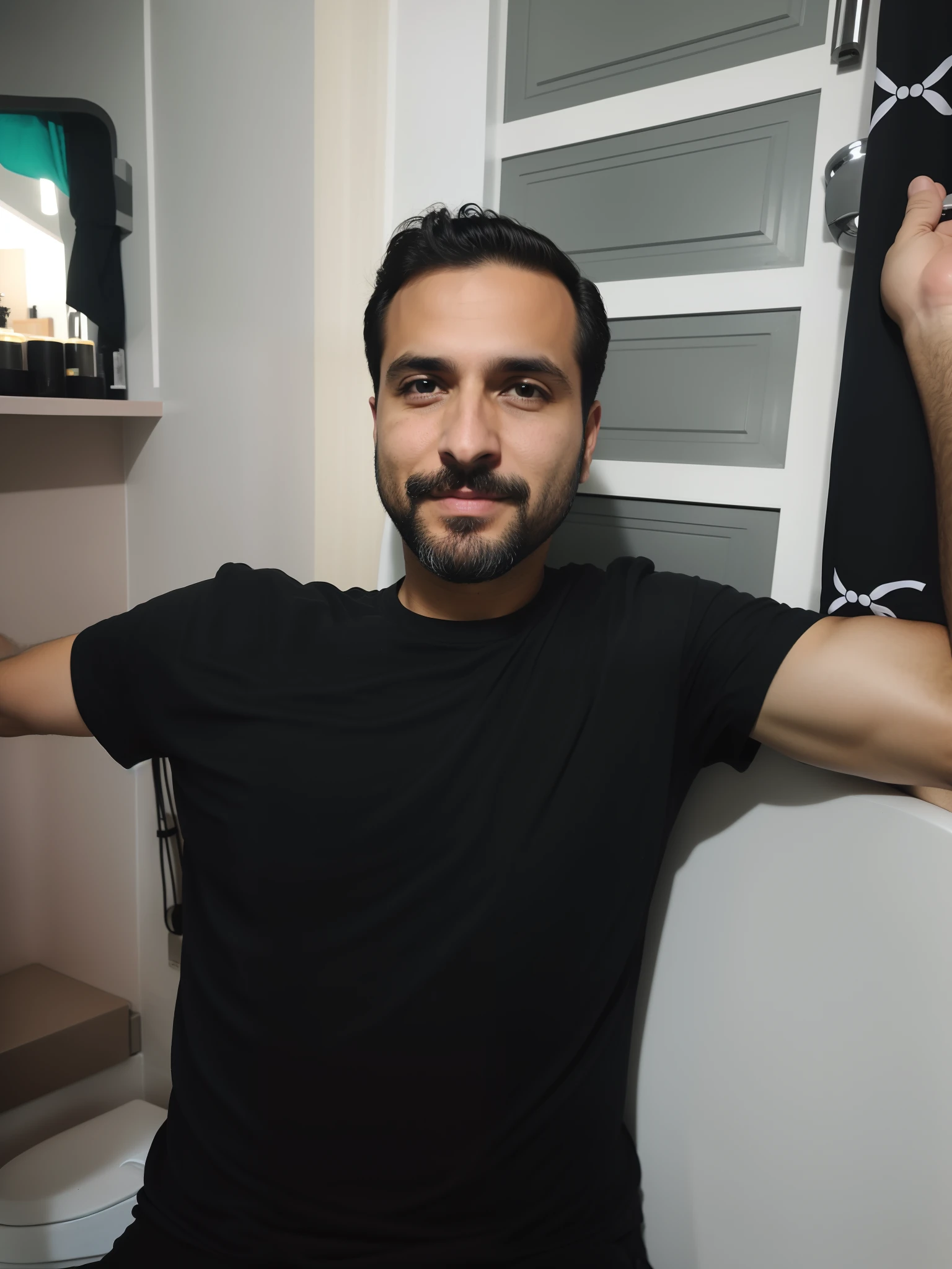 There's a man sitting on a toilet with his arms outstretched, he is wearing a black t-shirt, Homem de 4 0 anos, (38 anos), com barba e camisa preta, Fotografia selfie 8k, Directed by: Nandor Soldier, icaro carvalho, imagem de qualidade muito baixa, com uma barba pequena