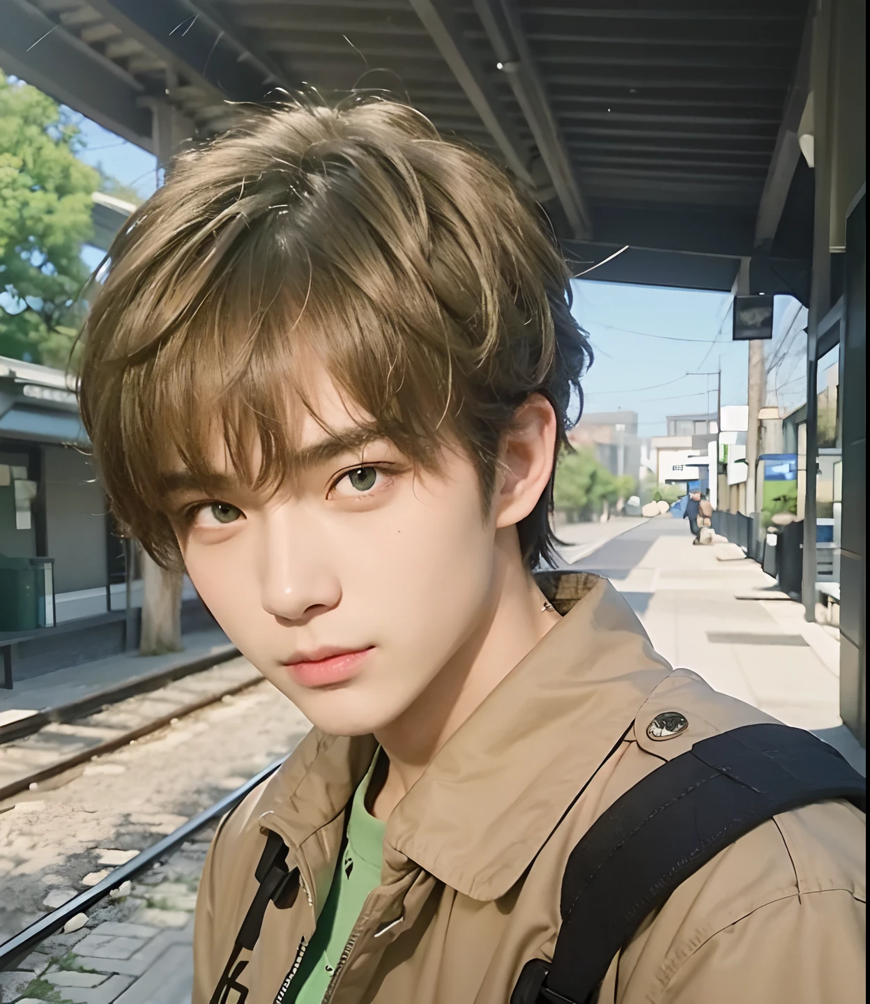 A man with realistic army hair, exactly the same hairstyle, realistic green eyes, realistic Japanese handsome face, realistic cool expression,Adapt exact clothing, realistic light, realistic shadows, realistic background