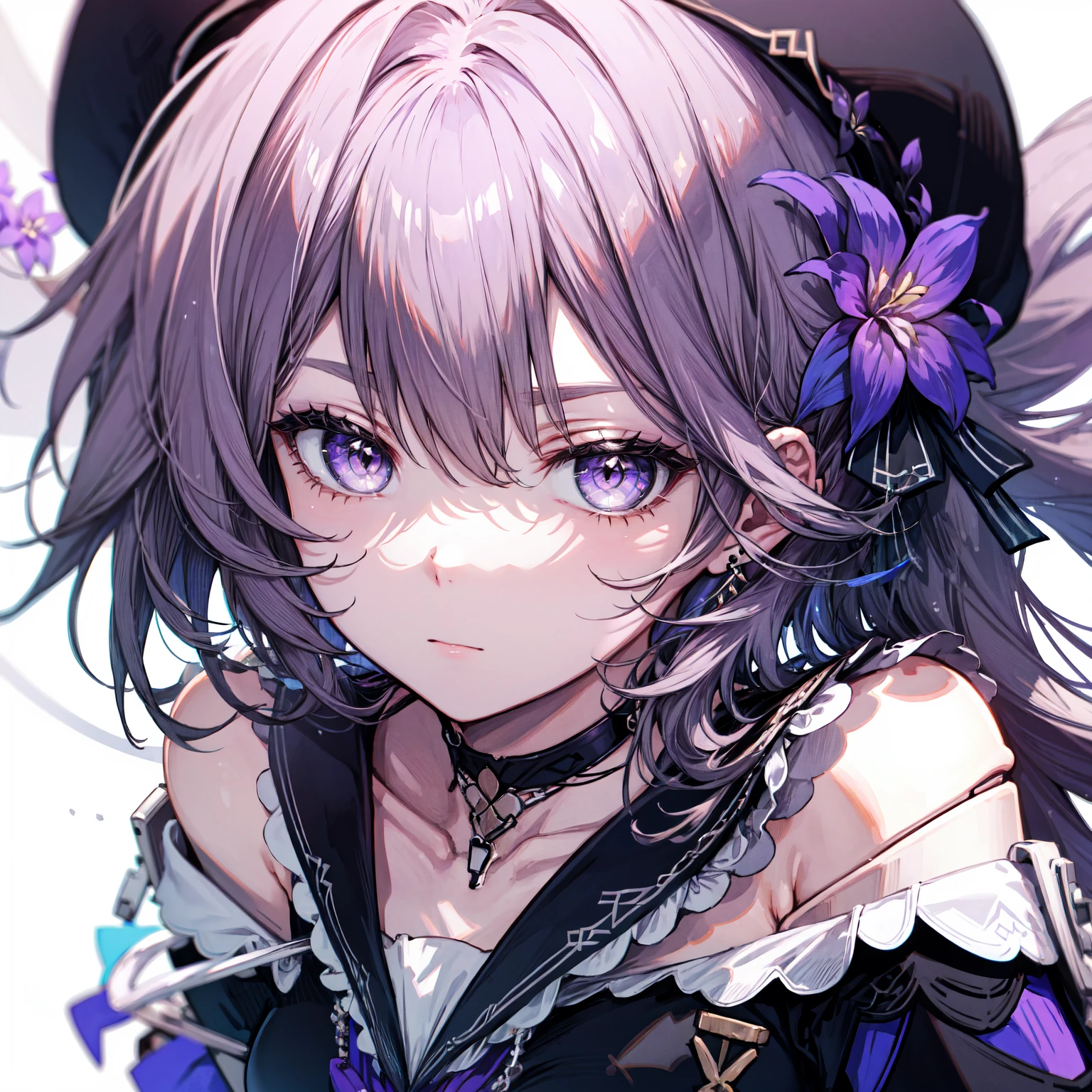 masterpiece, best quality, ultra-detailed, illustration, 1girl, solo,  herta /(honkai star rail/), grey hair, long hair, purple eyes, doll joints, small breasts, purple hair flower, beret, single earring, choker, collarbone, hertadress, black jacket, long sleeves, purple ribbon, frills, white dress, checkered dress, tailcoat, (close up:1.9)