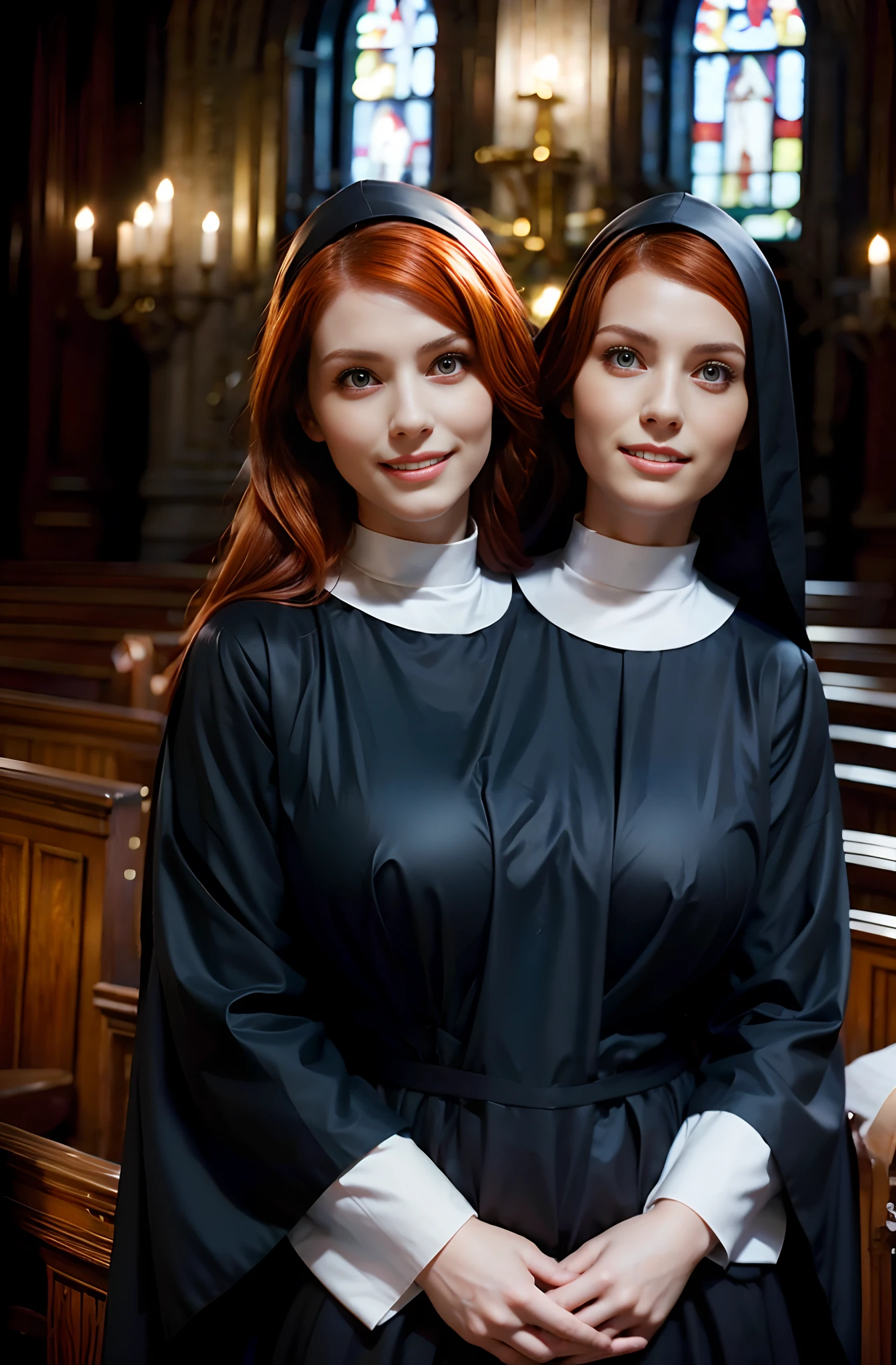 best resolution, half-body shot, 2heads, woman with two heads, nun,red hair, blonde, hair, church background