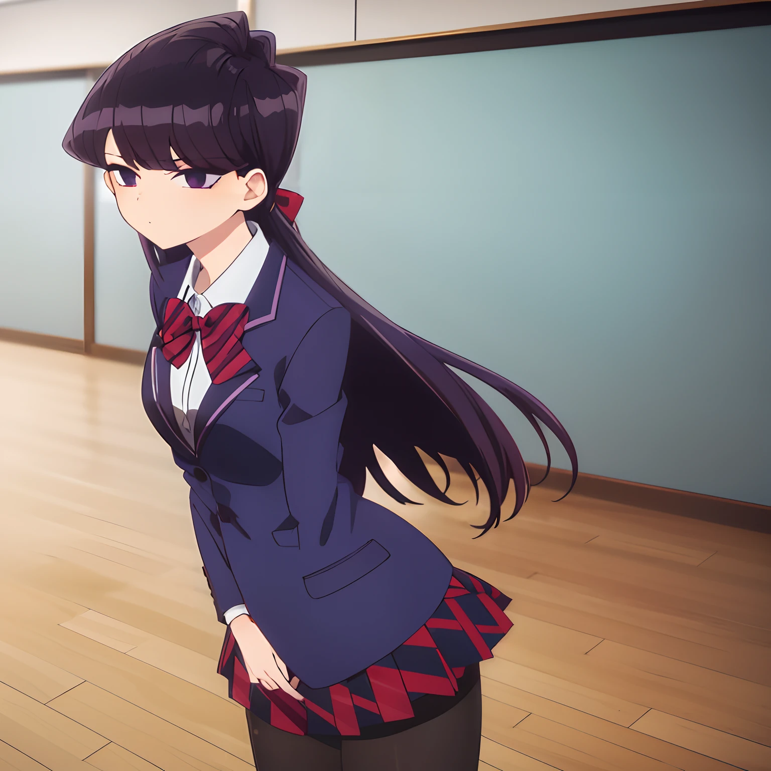 hands on own ass, ass grab, ass, ass focus, sexy panties, shokokomidef, pink panties, purple hair, purple eyes, long hair, absurdres, upskirt, detailed ass, 1girl, looking at viewer, standing, v arms, classroom, upper body, school uniform, red skirt, red bow, blazer, masterpiece, best quality,