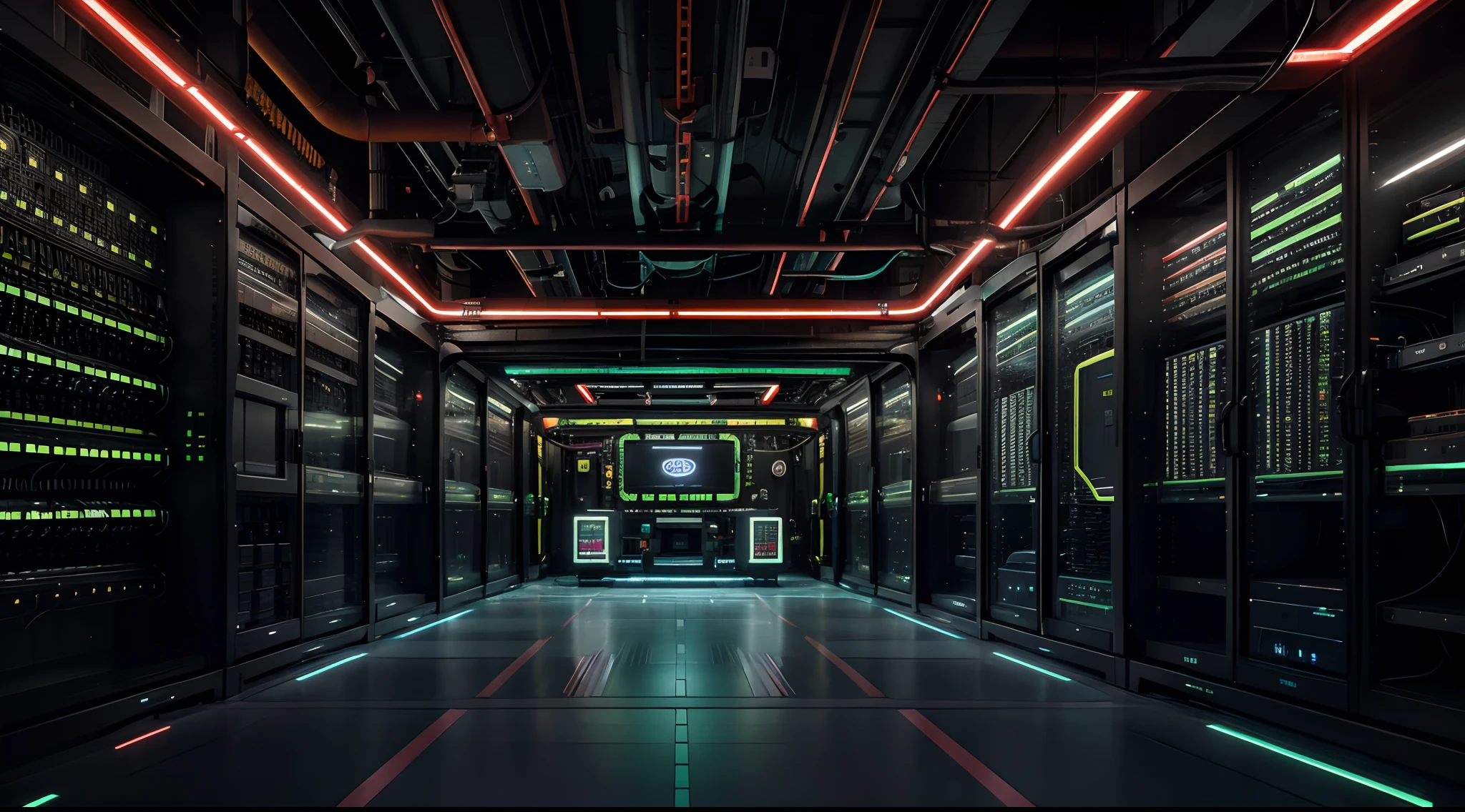 Within the confines of a cutting-edge data center, an intricate display unfolds before the observer. Rows of towering server racks, adorned with an array of flashing LED lights, create a mesmerizing symphony of high-tech aesthetics. The digital landscape comes alive as each server rack, housing meticulously designed motherboards and circuit chips, contributes to the intricate web of connectivity.
In the heart of this digital realm, a sophisticated system operates through a rugged laptop, its robust design accentuated by a thick network cable seamlessly connecting it to the mainframe. This wide shot of the data center captures the grandeur of the towering server racks, bathed in the ambient glow of LED lights, forming a visual spectacle that blends the elements of futuristic sci-fi and technological marvel.
As one delves into the virtual labyrinth of the servers, the intricacies of the motherboards and circuit chips become apparent, showcasing the meticulous craftsmanship that underpins the seamless functioning of this technological hub. A neon network cable, emitting an eerie green glow, extends from P&A's laptop to the mainframe, symbolizing the critical link in this pulsating network.
The scene is further enriched by the dynamic visual experience created by the interplay of green lights and the ominous crimson laser dot that hovers, pulsating with the keystrokes of a vast network being navigated. The overall ambiance is elevated by the futuristic glow emanating from the LED lights, casting an otherworldly hue across the data center.
In this high-tech scenario, the convergence of advanced technology and intricate design elements paints a vivid picture of a digital landscape where the boundaries between reality and virtuality blur. The seamless blend of components, coupled with the vibrant illumination, transforms the data center into a realm where one can navigate the digital landscape with a sense of awe and wonder. no people
