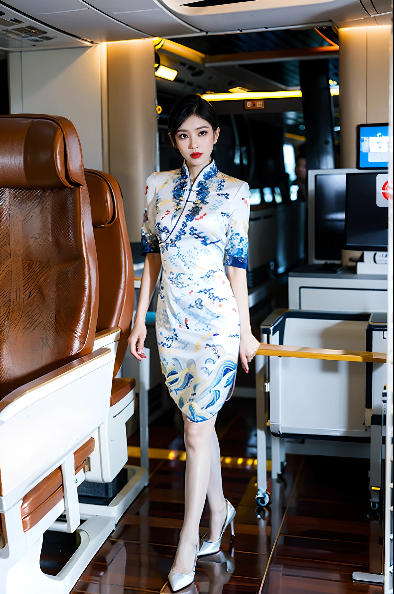 Stiletto heels,Single ball hairstyle,Heavy makeup,Redlip,White skin,mature,full bodyesbian,Long legs,You can see the whole body,Ultra-thin flesh-colored pantyhose,Flight attendant cheongsam uniform,On the plane,Two women together