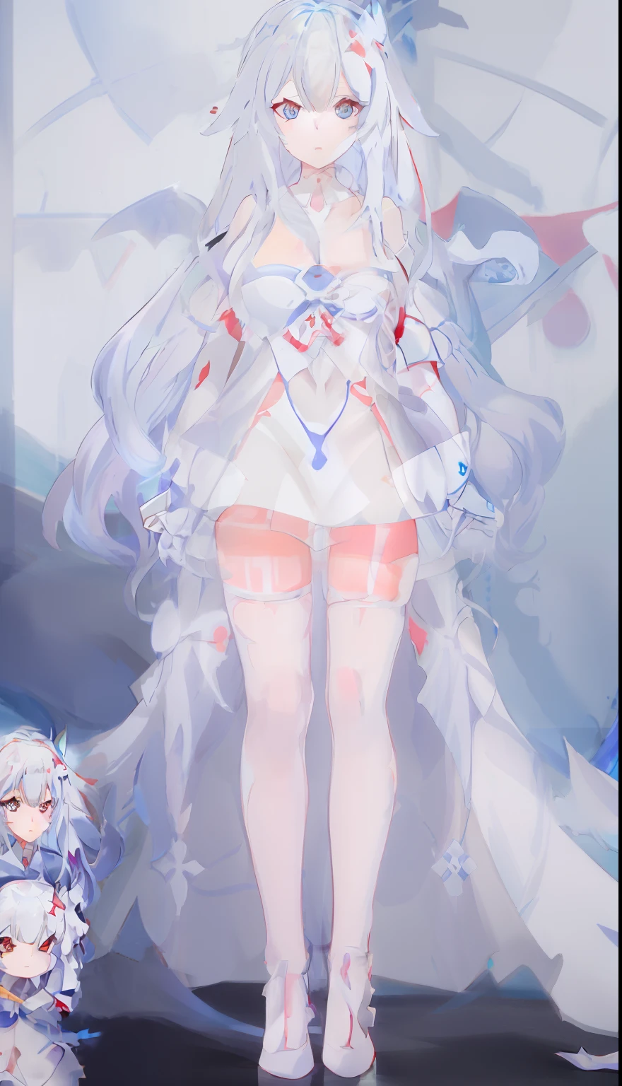 anime girl with long white hair and blue eyes in a white dress, mika kurai demon, full body commission for, gapmoe yandere grimdark, demon anime girl, gapmoe yandere, Best Rated on pixiv, full-body xianxia, ahegao, Holo is a wolf girl, Bloody + concept-art, trending on artstation pixiv