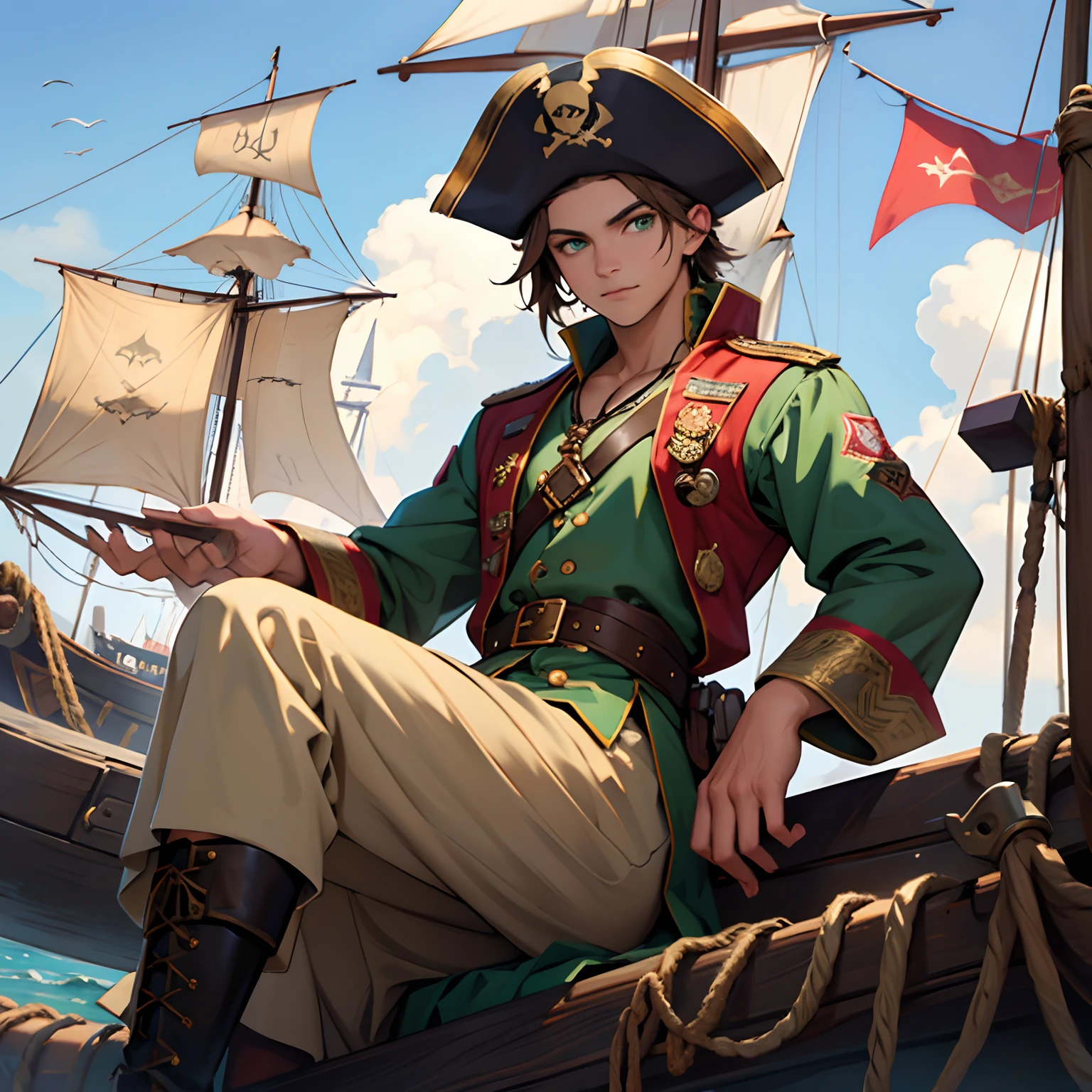 youth, short brown hair, Green Eyes, Dress up as an Ottoman pirate, Perched on the mast, Pirate ship in the background, Playful face