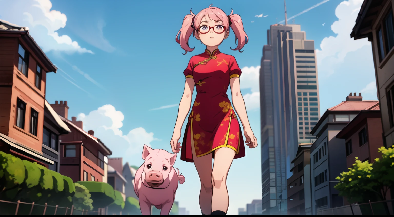 Front view. Head-on perspective. Direct view. Forward-facing. Facing directly, Direct frontal view. 1 girl young girl with glasses, tall, small eyes, age, "side bunds", pink pigtails hair, big lips, waring a cheongsam with (short sleeves)