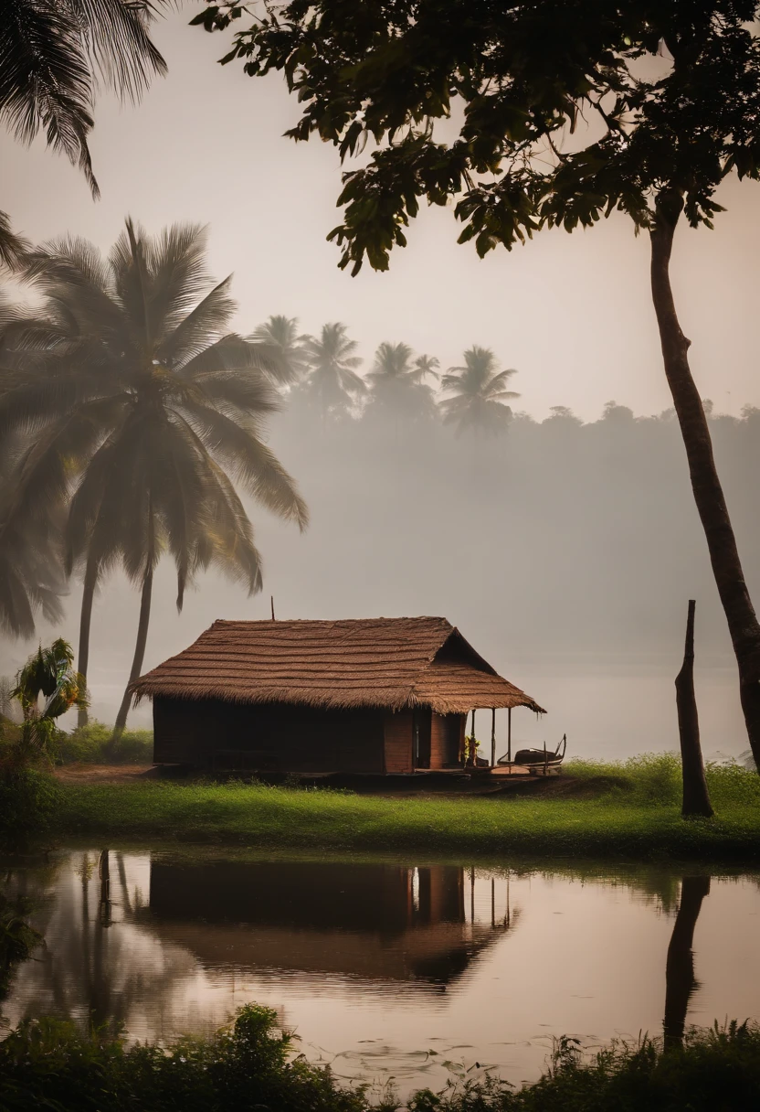 A small hut near a lake ---house boat in the lake -- long ariel video --video view --realistic --kerala traditional village --morning time --foggy