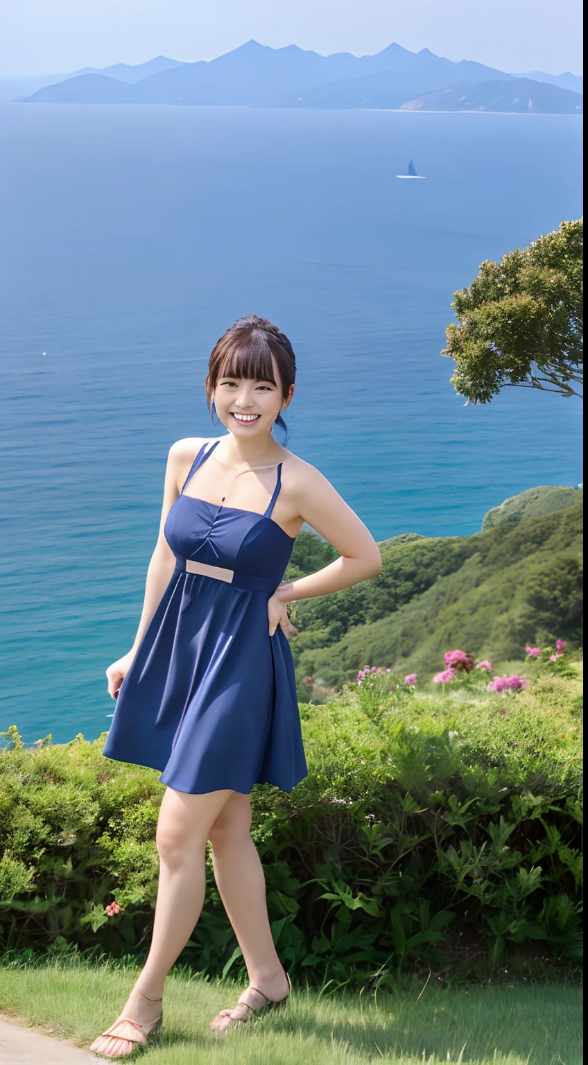 masutepiece, Best Quality, hight resolution, 1 Beautiful woman in navy blue dress,fullbody image,Smile (On a mountain with a view of the sea),fullbody image,Very good image,