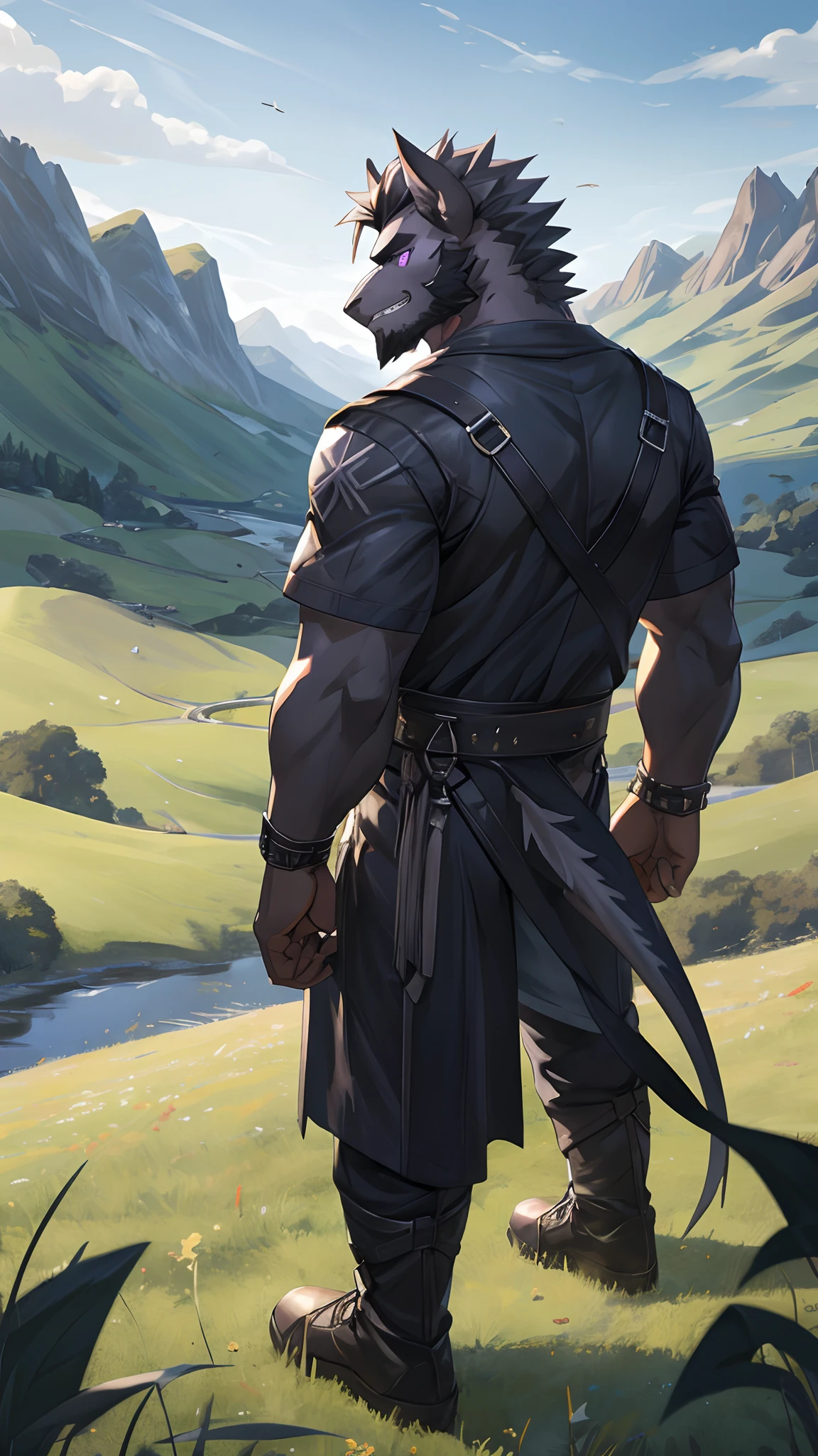 Masterpiece, Cool Pose, Furry Black Dragon, Strong Fit Body, Purple Eyes, Grey Medium Hair, Grey Facial Hair, Casual Set, Black Clothes, Fierce, Good looking, teeth, Looking To Back, Standing In Grass, High Ground, Morning, Hill Background