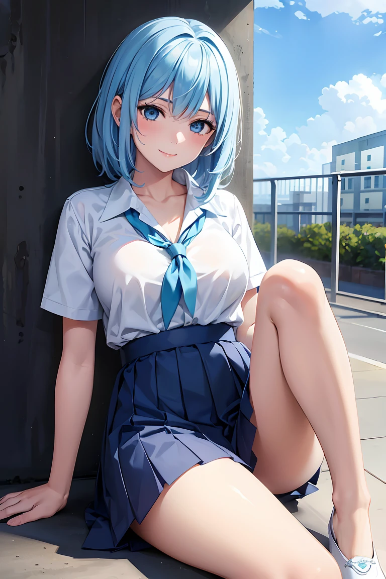 masterpiece:1.2, best quality, ((ultra detailed)), high resolution, 2d, anime style , photo, photography, detailed background, ((medium hair,light blue hair,medium breasts))
BREAK
solo,(droopy eyes:1.3),20 years old, (,tall face, tall female)), ((blue eyes;1.2 )), beautiful thighs,
BREAK
sitting,smile ,beautiful sky, cloud, background, school uniform
BREAK
pastel colors:1.4, solid paint:1.2, saturated color, contour
