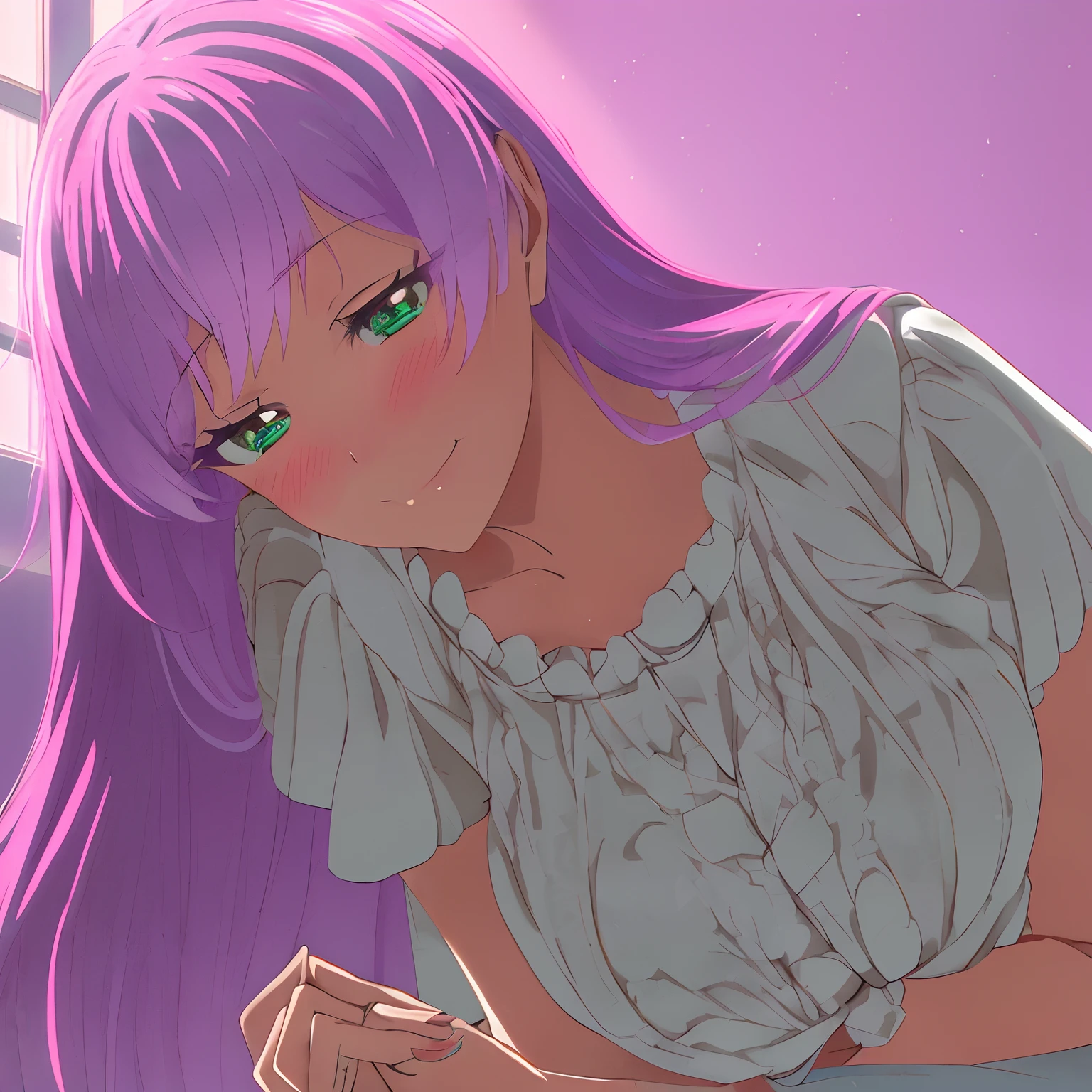 1girl,alone(((Akari Watanabe))), (masterpiece, best quality), ((extremely detailed, intricate details, lush detail, insanely detailed face, beautiful green eyes, lips, detailed skin, very wide-eyed, skinny)), (( floating hair, shiny skin)), (1girl), wide hips, narrow waist, thick thighs, ((big pupil)) , nervous, ((happy, smile, long hair, younger, blush, tall, black outline, pink hair, straight hair, seductive eyes, mature female, older, very long hair)), 1girl, toned, ((((dark bedroom, in front of a big window, night sky outside, upper body focus)))), pink hair, breasts, long hair, blue eyes, full body, hair bun, looking at viewer, a bit of cleavage, gyaru, standing, smile, bowtie, shoulder cutout, closed mouth, pink nails, heart, bangs, nail polish, medium breasts,(((1girl, sleep wear)))