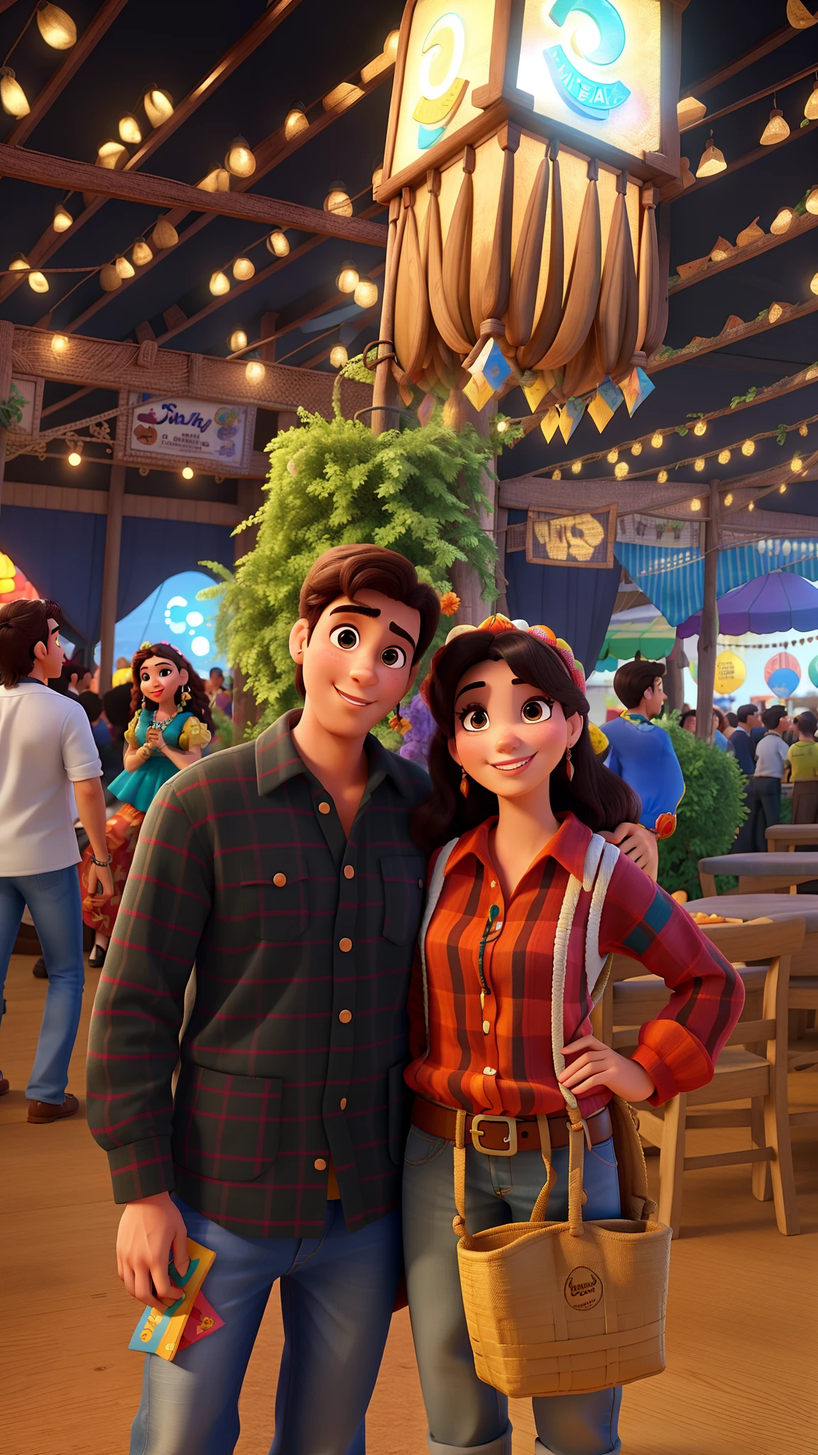 Um casal estilo disney pixar na festa junina, alta qualidade, melhor qualidade