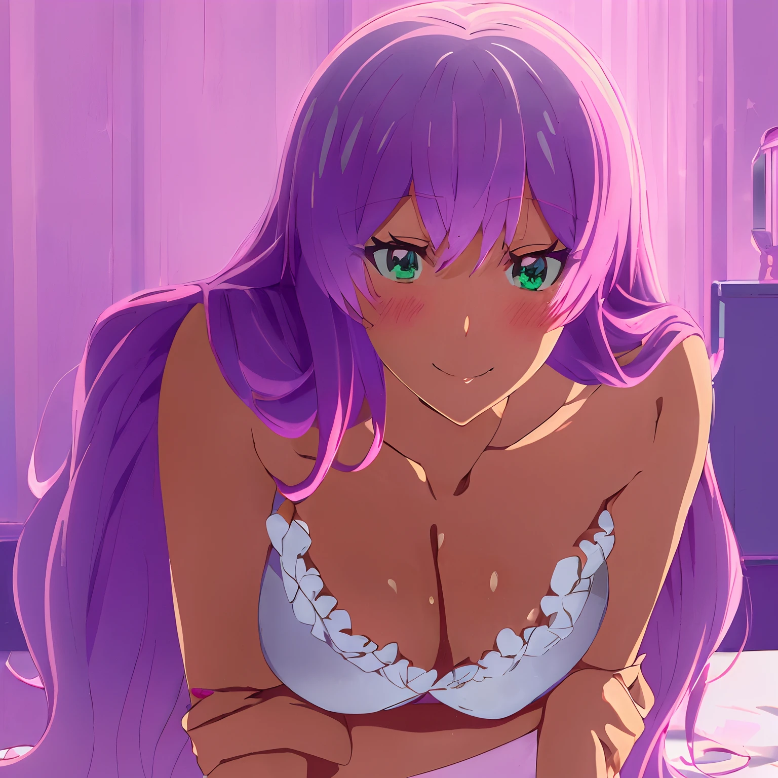 1girl,alone(((Akari Watanabe))), (masterpiece, best quality), ((extremely detailed, intricate details, lush detail, insanely detailed face, beautiful green eyes, lips, detailed skin, very wide-eyed, skinny)), (( floating hair, shiny skin)), (1girl), wide hips, narrow waist, thick thighs, ((big pupil)) , nervous, ((happy, smile, long hair, younger, blush, tall, black outline, pink hair, straight hair, seductive eyes, mature female, older, very long hair)), 1girl, toned, ((((dark bedroom, in front of a big window, night sky outside, upper body focus)))), pink hair, breasts, long hair, blue eyes, full body, hair bun, looking at viewer, a bit of cleavage, gyaru, standing, smile, bowtie, shoulder cutout, closed mouth, pink nails, heart, bangs, nail polish, medium breasts,(((1girl, sleep wear)))