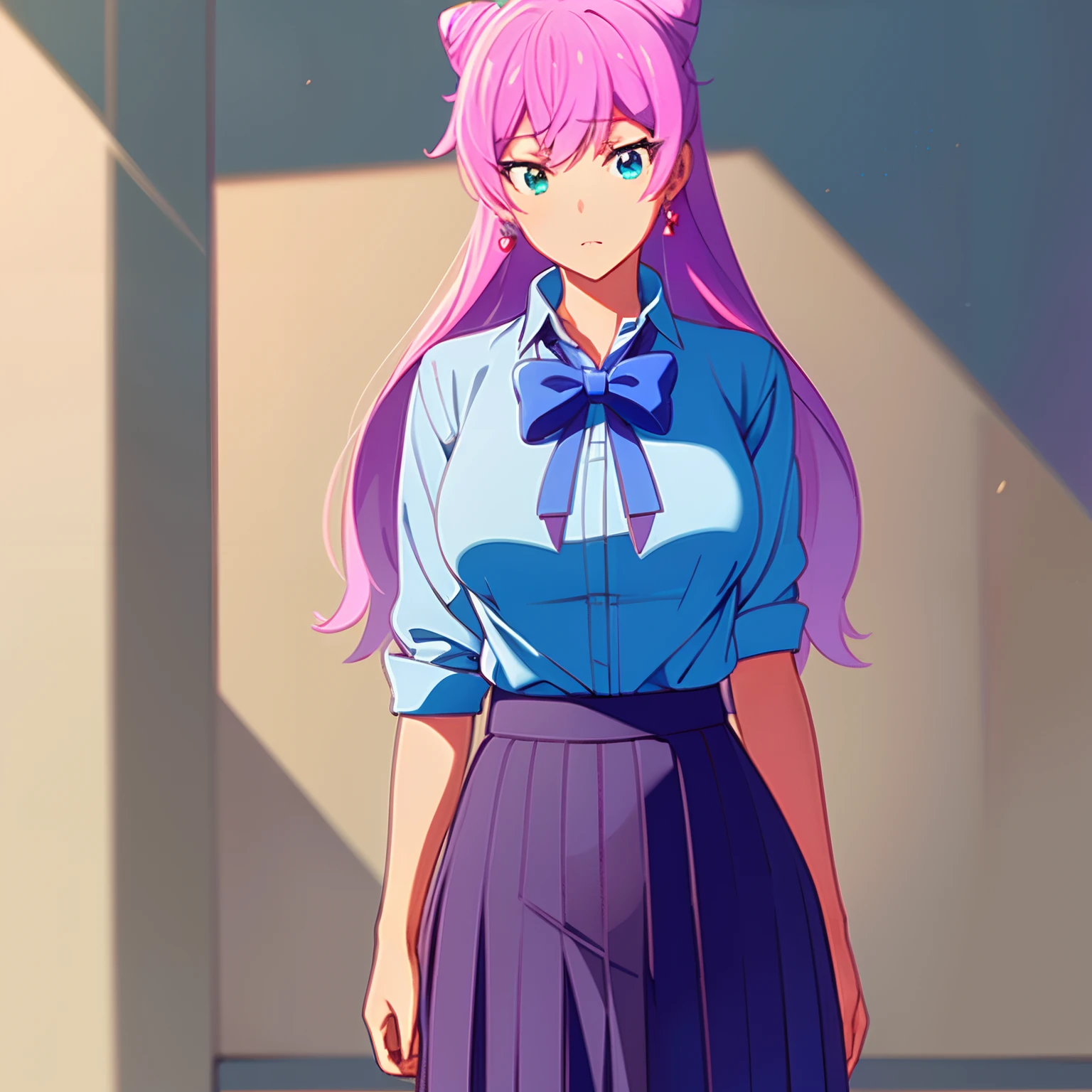 1 girl, alone, akari watanabe, long hair, blue eyes, pink hair, bun, double bun, conical hair bun, BREAK skirt, shirt, bow, jewelry, pleated skirt, earrings, blue skirt, blue shirt, REST facing the viewer, full length, large breasts, wide hips, wide thighs, REST inside, in the classroom, BREAK, (masterpiece: 1.2), best quality, high resolution, Unity 8k wallpaper, (artwork: 0.8), (beautiful detailed eyes: 1.6), extremely detailed face, perfect lighting, extremely detailed CG (perfect hands, anatomy perfect),