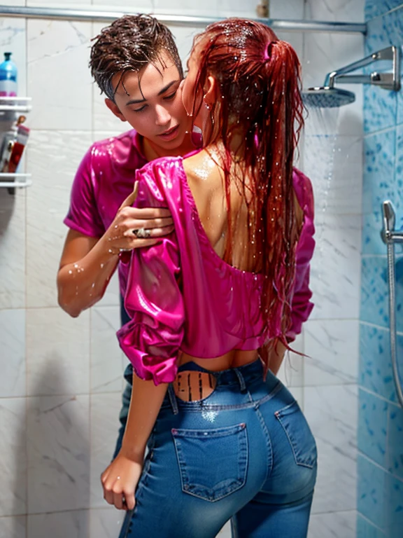 masterpiece, best quality, 1girl, 1boy, ((grabbing from behind)), ((breast grab)), standing in shower, SoakingWetClothes, wet hair, jeans, blouse, high heels, show heels, ((small breasts))