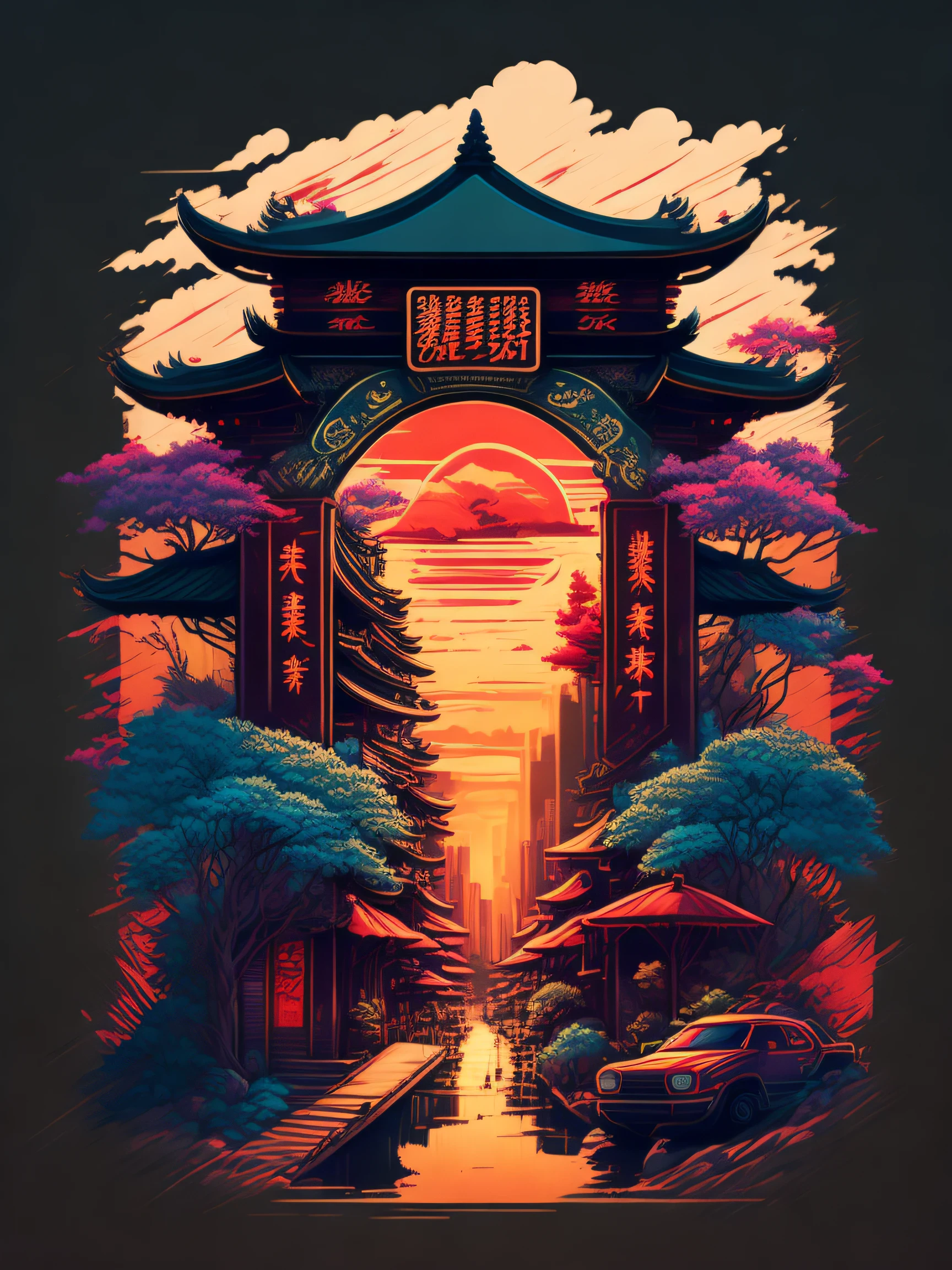 A chinatown in a summer landscape, T-shirt design, Midjourney, Vector Art, Hydro74