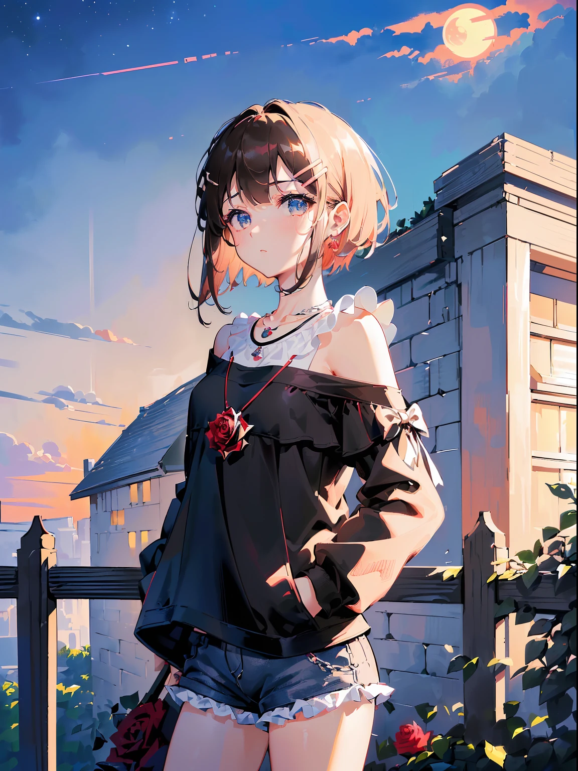 ((((carrying a bass,))))((hands in pockets,))(Masterpiece illustration,Beautiful and aesthetic:1.2,aim to viewers,from below), Best quality,Top quality, Epic quality,((((Fence wall，rose,outdoor,))))(moonlight,moon glare, god light,))Neat face,underage,mature,Beautiful detailed hair，brown hair，hyper HD, retinas, Textured skin, A high resolution, 16k ，((hairclip,steep bangs,sidelocks,short hair,Large bow on hair)),Detailed face, 1JK, lady,Solo, Perfect face, Very amazing girl,((off shoulder,long sleeves,black t-shirt,frills,short shorts,ruby necklace)),rim-light