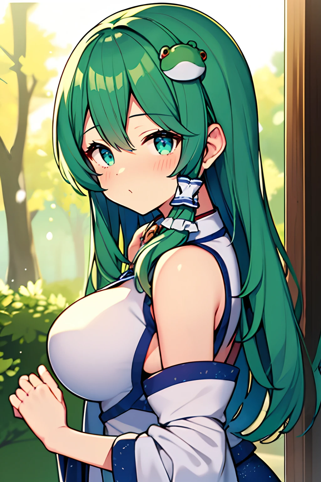 1girl, green hair, green eyes, big boobs, Daylight, rooftop, mini garden, rainbow, sparkling, clouds, bent over, plant, lingerie, sucking ice, watery