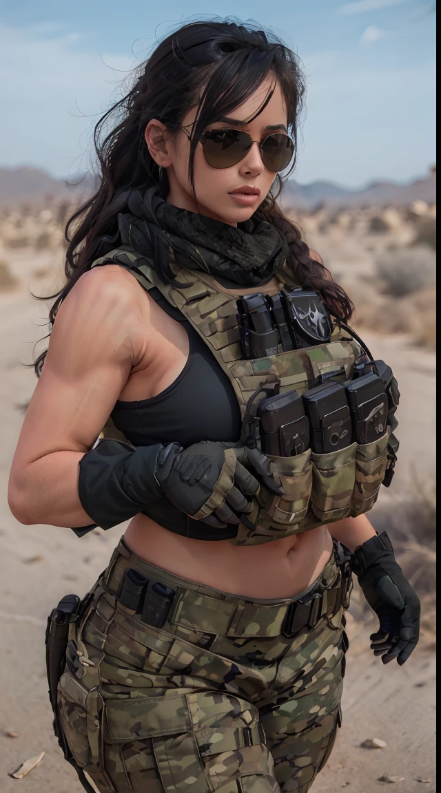 Sexy woman with big breasts athletic body wearing a tactical vest bikini holding a K47 running with a blast behind