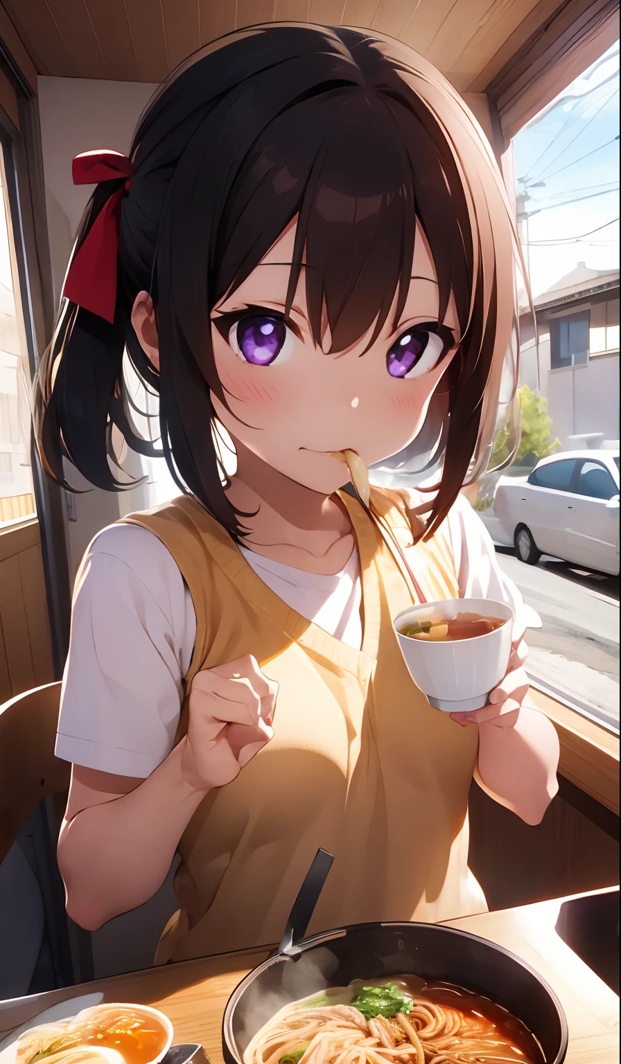 4K, High quality, Girl Eating Ramen, Perspective ,