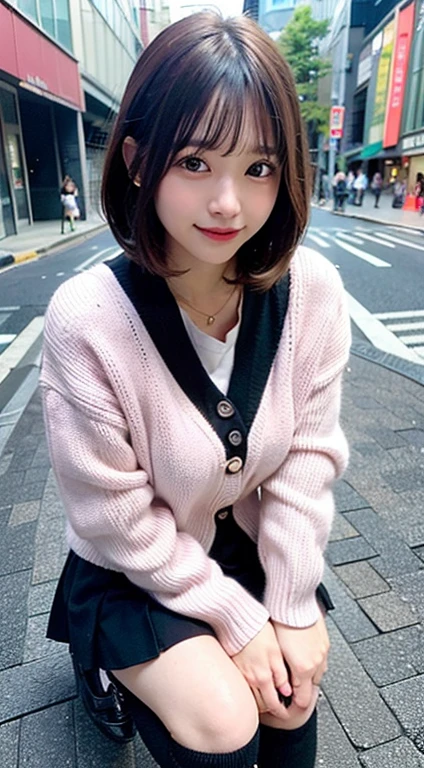 (8k、RAW Photography、top-quality、​masterpiece:1.2),Detailed face and eyes,Best Quality, 超A high resolution, Highly detailed ,intricate detailes ,masutepiece ,Cute Girl , Soft cinematic light, Hyper-detailing,Sharp Focus, High quality, Blonde hair, bob cuts, tits out,((Pink cardigan)),((White shirt)),(Black miniskirt）、sockes、(Black knee socks)、(Loafer shoes)、on tokyo street、natta、A city scape