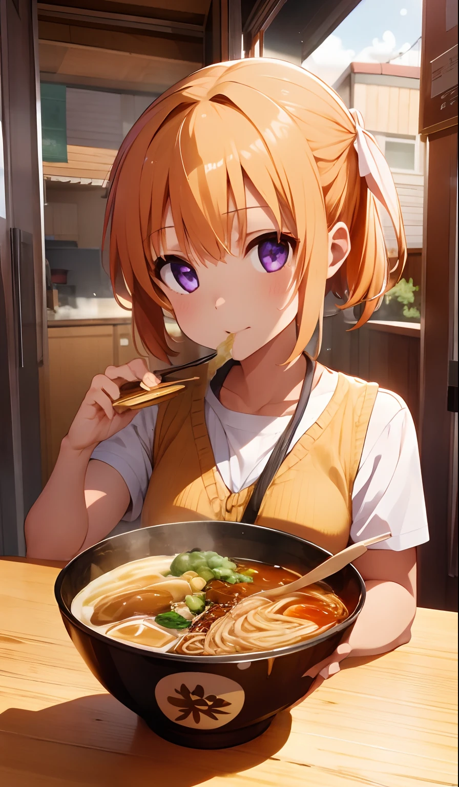 4K, High quality, Girl Eating Ramen, Perspective ,