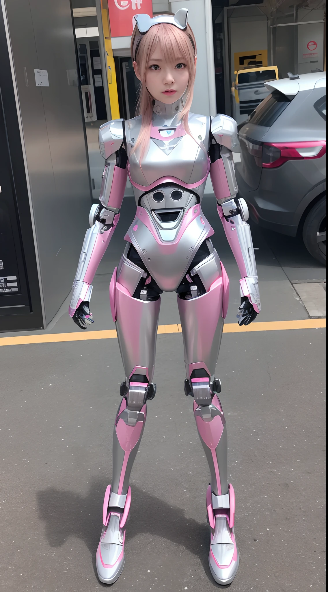 Robot Girl, pink there, Silver, Metallic body, Robot Parts, Metal Parts, Super Detailed Face, Super well-formed face, of the highest quality, a small face, small head, Brown hair, Slender body, Camera gaze, Internal Mechanical Exposure, Idol, front facing, Well-proportioned body, gravure, Photo session, Akihabara, Moe Pose, Standing with legs open, Model body type, sad, Embarrassing,(Perfect Robot Girl),(Perfect machine body)