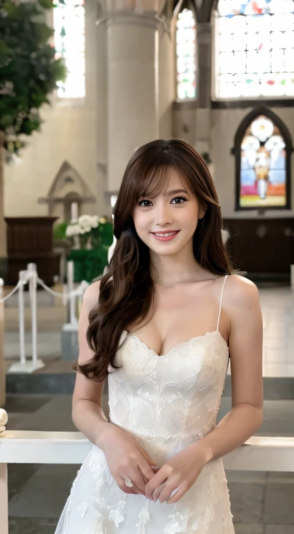 Ultra high definition，masutepiece , girl with , Very long hair , Blue eyes , Full body wearing white lace wedding dress， gradient , Perfect figure , The ideal lover( tech wear:1.2) , lite smile , Best Quality,Detailed face ,, , (8K,  Best Quality 1.2),  Ultra-detailed, 8K UHD,, Soft lighting, High quality,  Beautiful lighting,, (Cinematic:1.4) ,Perfect body ,   sharpness, Contrasty,You can see the roof of the church.,fullbody image,