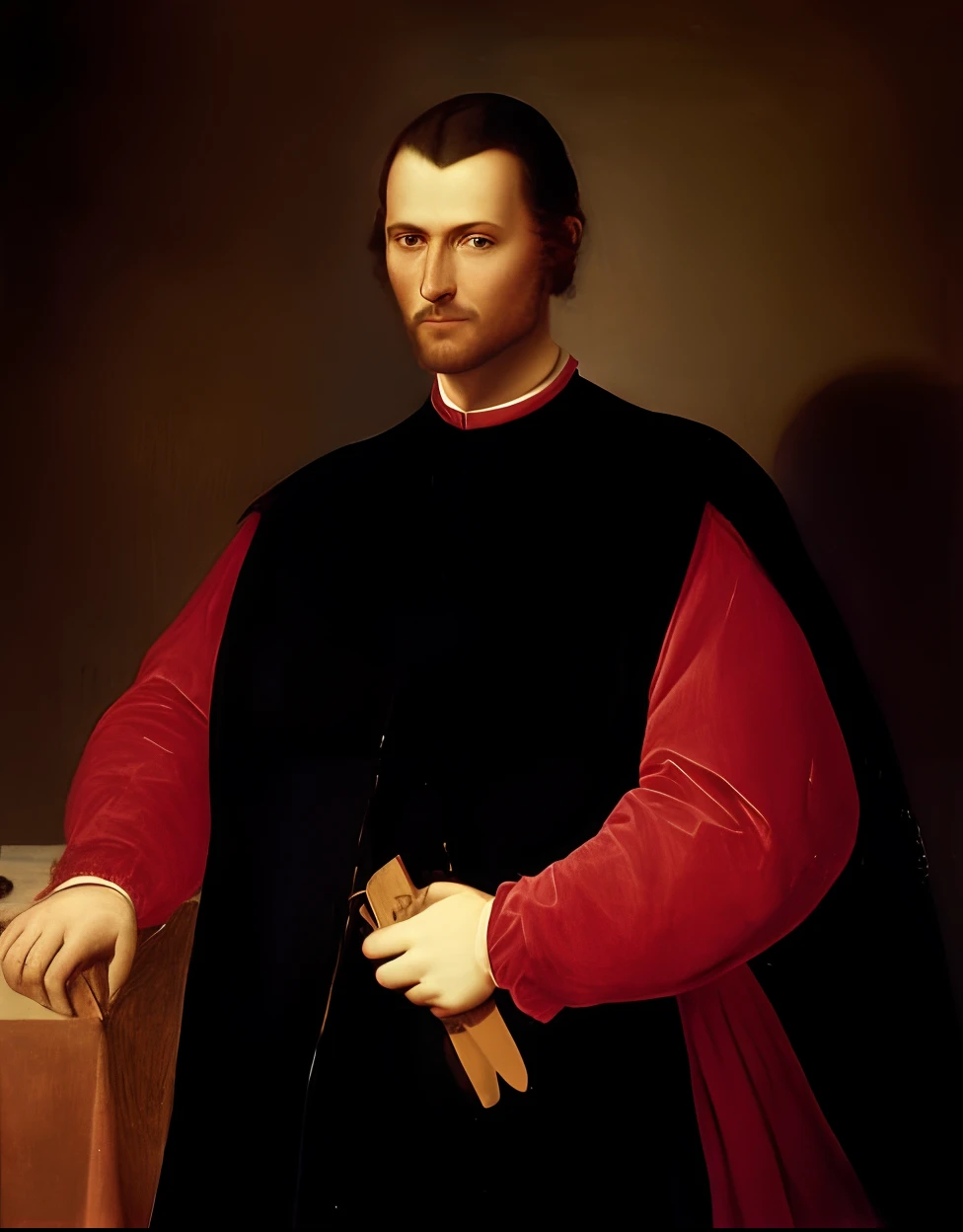 uma pintura de um homem com uma roupa preta e vermelha segurando uma faca, Machiavellian, inspirado em Giovanni Bernardino Mazzolini, inspirado em Giovanni Bernardino Azzolini, inspirado em Mariotto Albertinelli, inspirado em Ridolfo Ghirlandaio, inspirado em Jacopo de' Barbari, Obra-prima italiana, pintura renascentista do homem, foto de alta qualidade