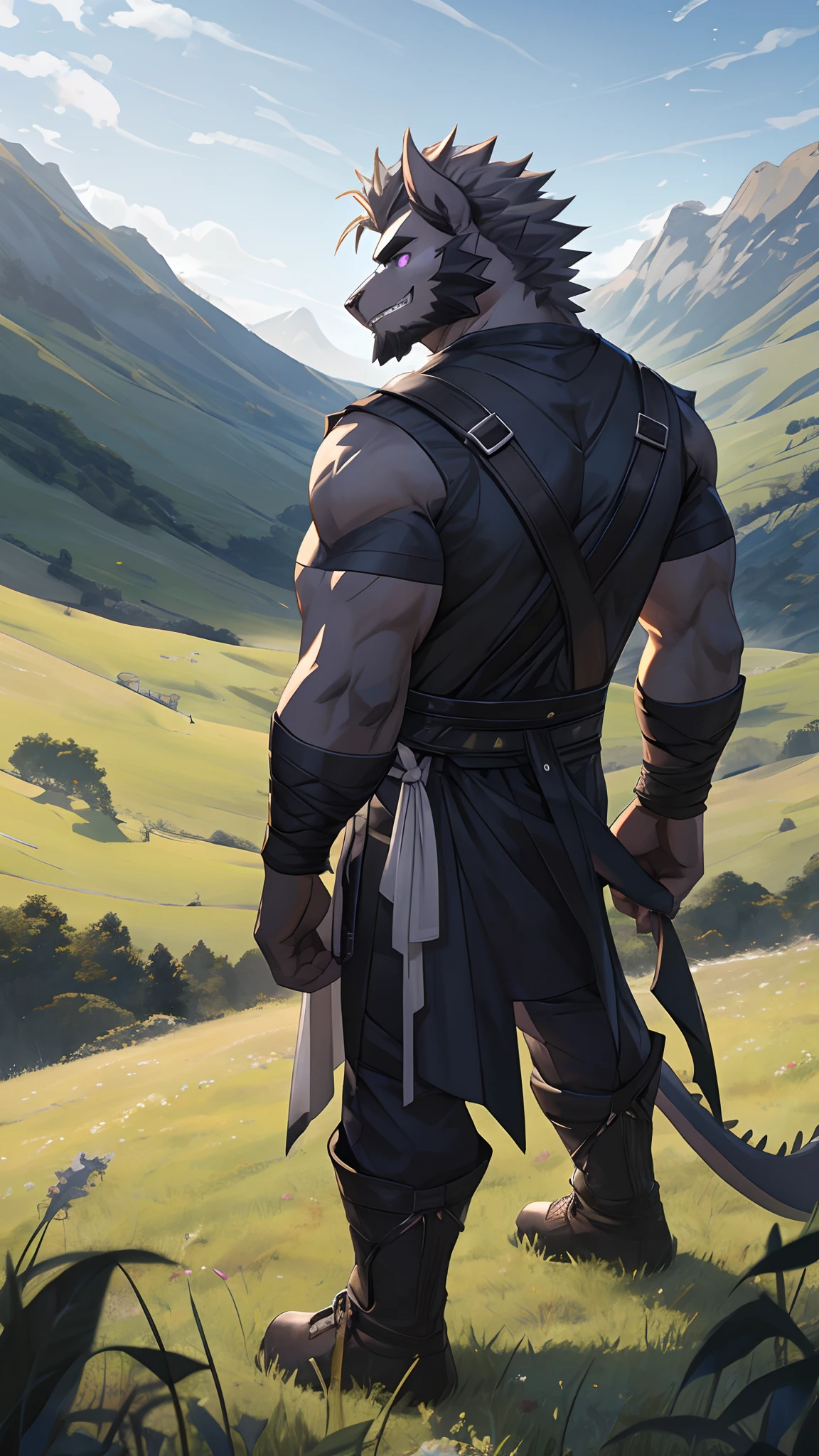 Masterpiece, Cool Pose, Furry Black Dragon, Strong Fit Body, Purple Eyes, Grey Medium Hair, Grey Facial Hair, Casual Set, Fierce, Good looking, teeth, Looking To Back, Standing In Grass, High Ground, Morning, Hill Background