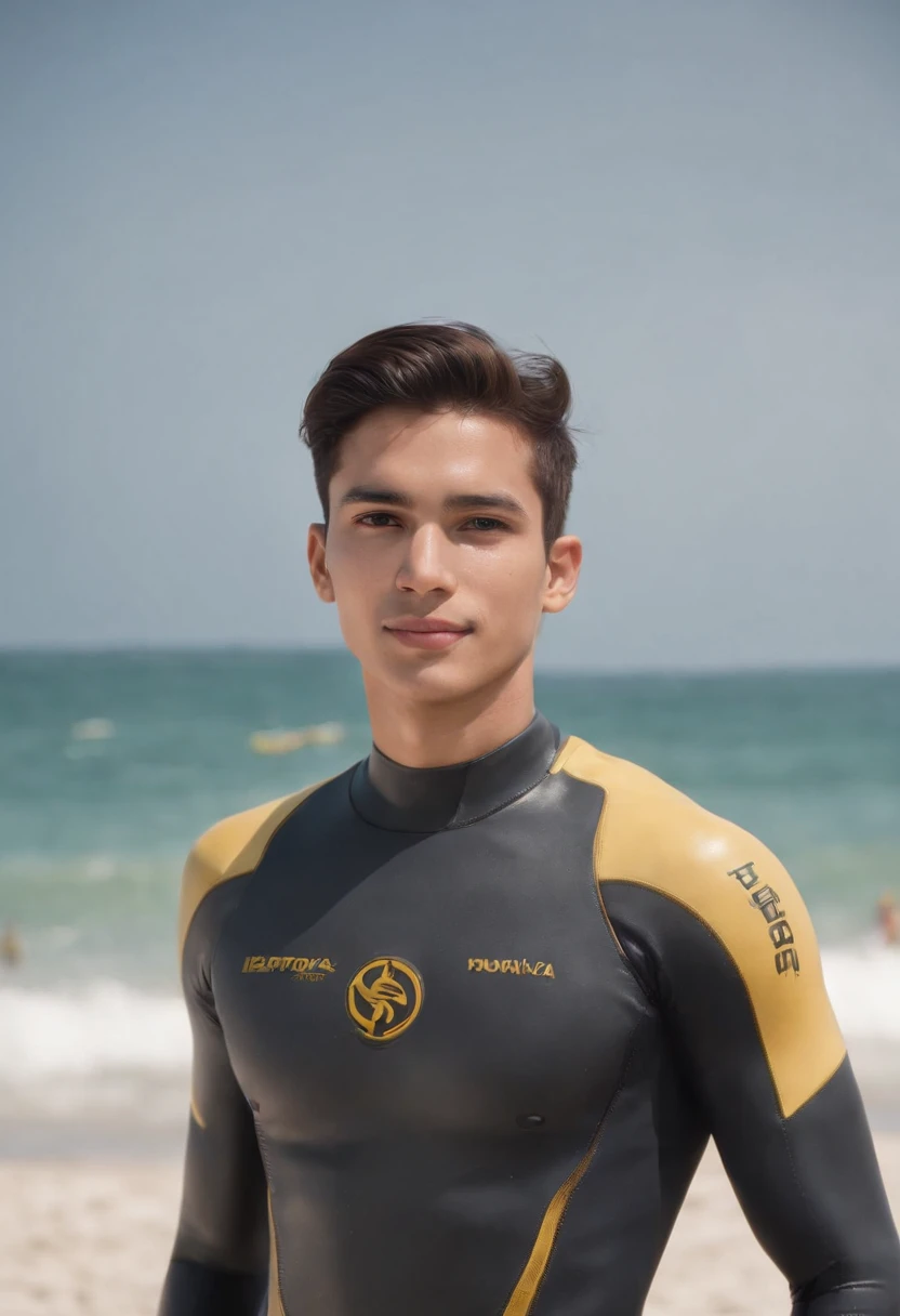 RAW, Masterpiece, Super Fine Photo, Ultra High Resolution, Photorealistic, Sunlight, Full Body Portrait, latino hispanic young man wearing a full body, black and yellow wetsuit, slight manly buldge, black hair with blonde highlights, ponytail cyberpunk hairstyle, smiling face, open mouth, gold teeth, standing on a sandy beach facing the ocean, cybernetically enhanced, pigeoncore, neo-dadaist, mechanized precision, people swimming in the ocean, boats floating, people playing volleyball on the beach, children building sand castle in the background, swimming in the water, in the style of mecha sci-fi anime, 8k, best quality, highres,Ultra-realistic 64K CG, Photorealista:1.4, Skin Texture:1.4, Volumetric fog, 8k uhd, dslr, high quality, film grain, fair skin, photorealism, lomography, translucent