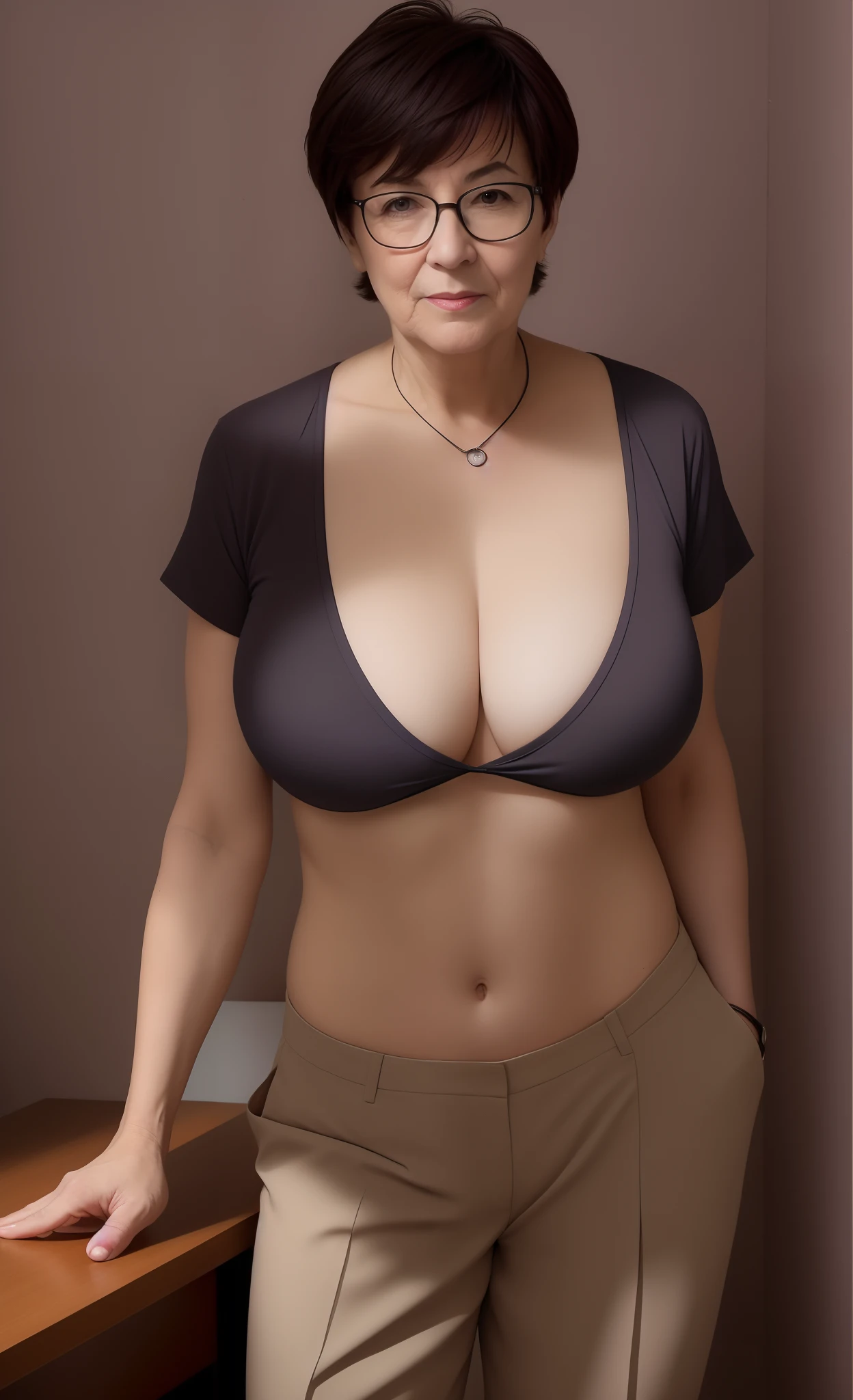 bespectacled elderly older mature master punisher female executive brazenly in unbuttoned crop-top blouse, deep unglued V-neck, V-chest cleavage, overly low rise sailor pants, very shaved mature woman French haircut with uncovered forehead, deep and drop-shaped big navel!