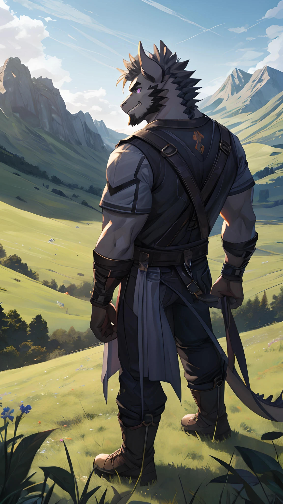 Masterpiece, Cool Pose, Furry Black Dragon, Strong Fit Body, Purple Eyes, Grey Medium Hair, Grey Facial Hair, Casual Black Set, Fierce, Good looking, teeth, Looking To Back, Standing In Grass, High Ground, Morning, Hill Background