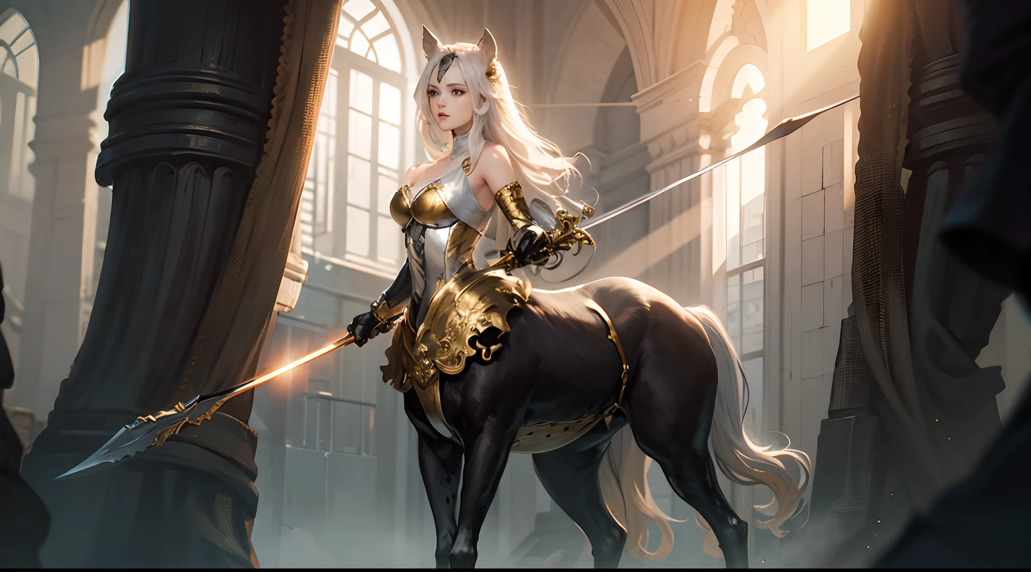 panoramic,Full body photo,Low Angle Lens,1 Female knight,Knight's sword,Ride a white horse,anatomy correct, (Exquisite helmet),Delicate facial features,Gold armor,Delicate pattern,Oriental elements,Ink painting style, Clean colors,Golden space, Soft lighting, ( Bokeh),Masterpiece, Super detailed, Epic composition, Highest quality, 4K,background in war,whaite hair,red pupil,On the battlefield,There are fighting soldiers in the background