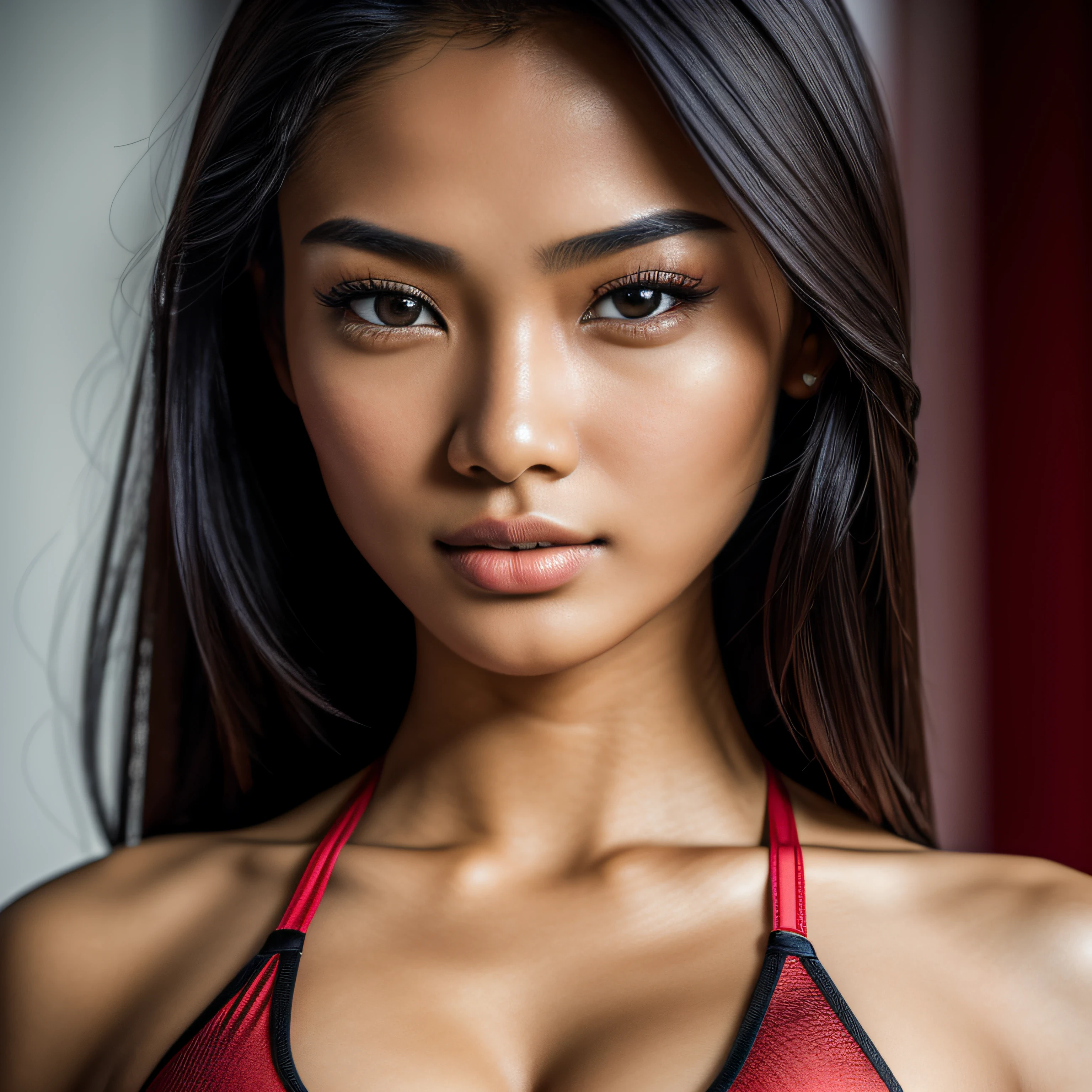 Gorgeous european woman with very short hair, ponytail with fringe, wet hair, hair slicked back, combed straight back, slick hair, streaked brown hair, Asa Akira in a tight wet blouse, cleavage, solid dark grey background
