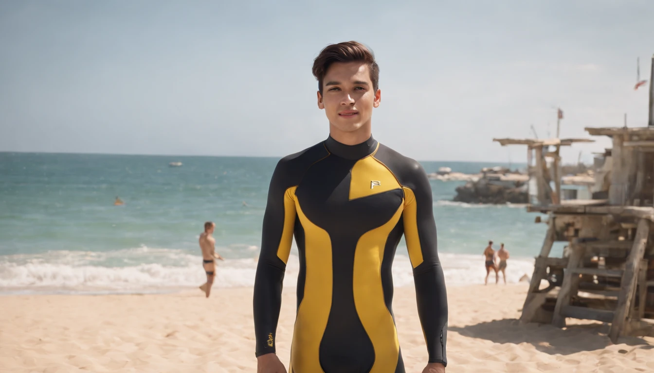 RAW, Masterpiece, Super Fine Photo, Ultra High Resolution, Photorealistic, Sunlight, Full Body Portrait, latino hispanic young man wearing a full body, black and yellow wetsuit, slight manly buldge, black hair with blonde highlights, ponytail cyberpunk hairstyle, smiling face, open mouth, gold teeth, standing on a sandy beach facing the ocean, cybernetically enhanced, pigeoncore, neo-dadaist, mechanized precision, people swimming in the ocean, boats floating, people playing volleyball on the beach, children building sand castle in the background, swimming in the water, in the style of mecha sci-fi anime, 8k, best quality, highres,Ultra-realistic 64K CG, Photorealista:1.4, Skin Texture:1.4, Volumetric fog, 8k uhd, dslr, high quality, film grain, fair skin, photorealism, lomography, translucent