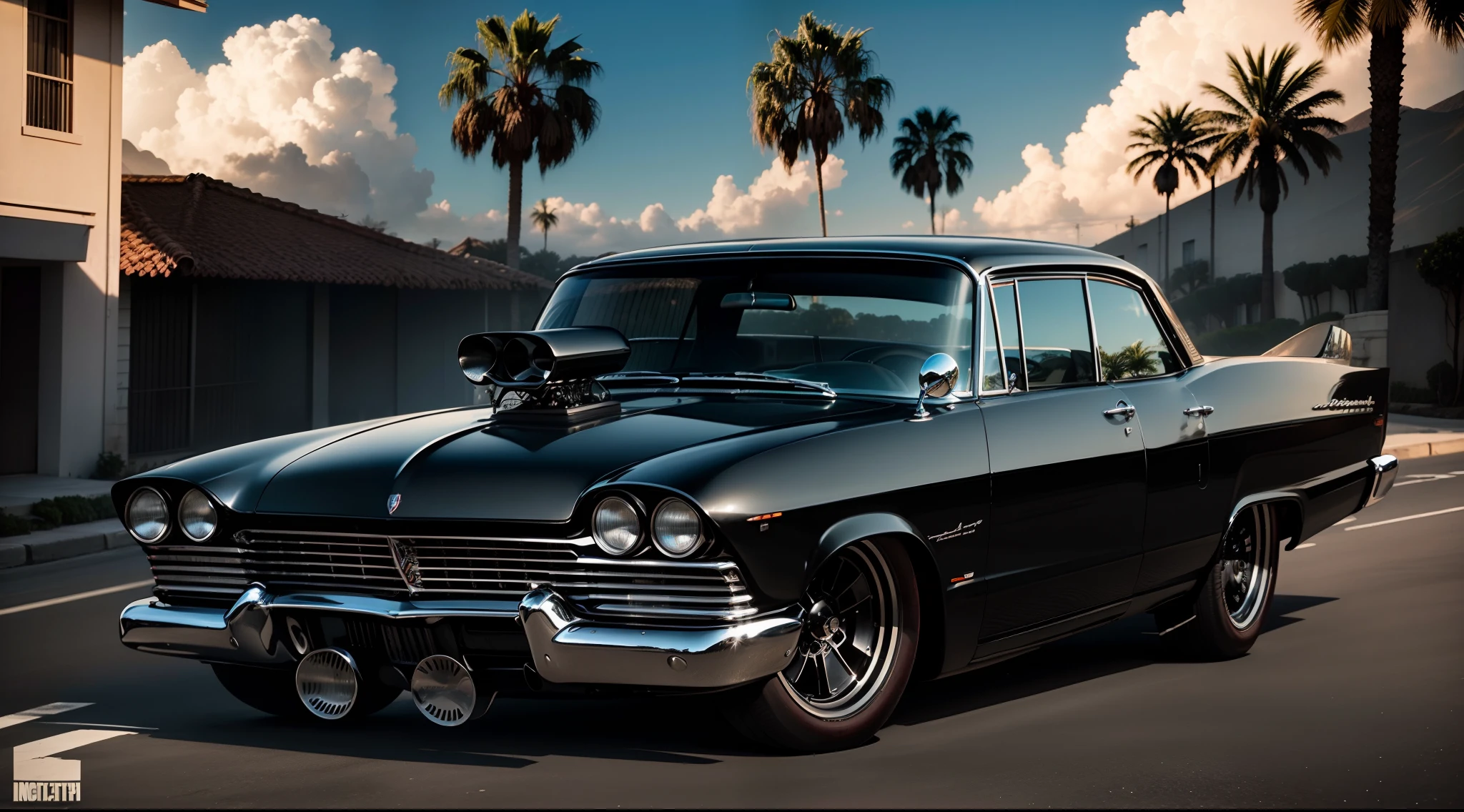 Imponente Preto Pontiac 1965 Show Car, enormes rodas BBS, Ridiculously low posture parked near palm trees and beautiful mansions with oceanfront balconies with the sun shining and reflecting everywhere and on the yachts in the background in sunny California