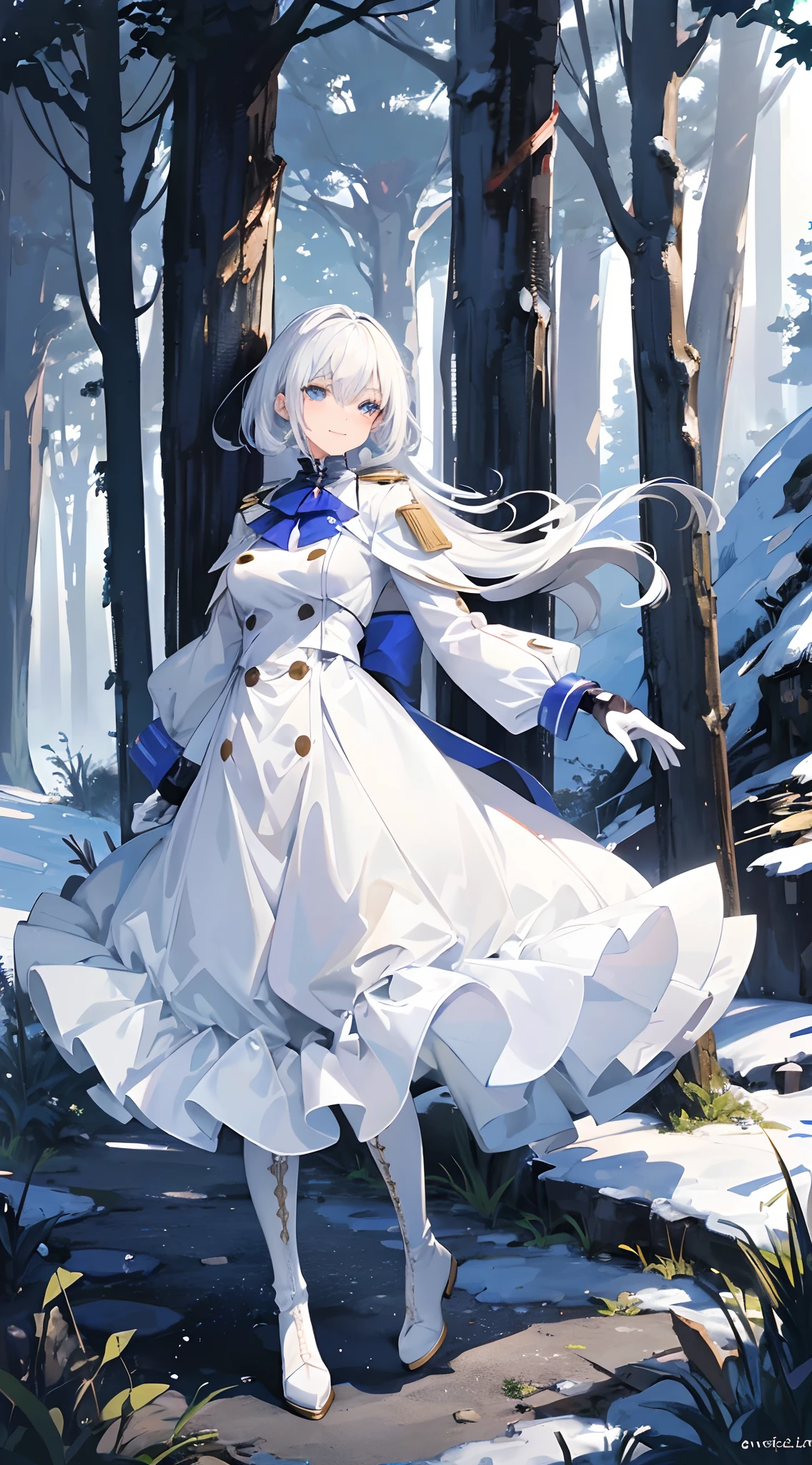 masutepiece,Best Quality,a beauty girl,white  hair,Middle hair,Blue eyes,(look up to),(Keep it closed in your mouth),(smile),Whiteware,(Double-breasted trench coat),(gloves),(Long skirt),(Wearing tights),(long boots),snow,coniferous forest
