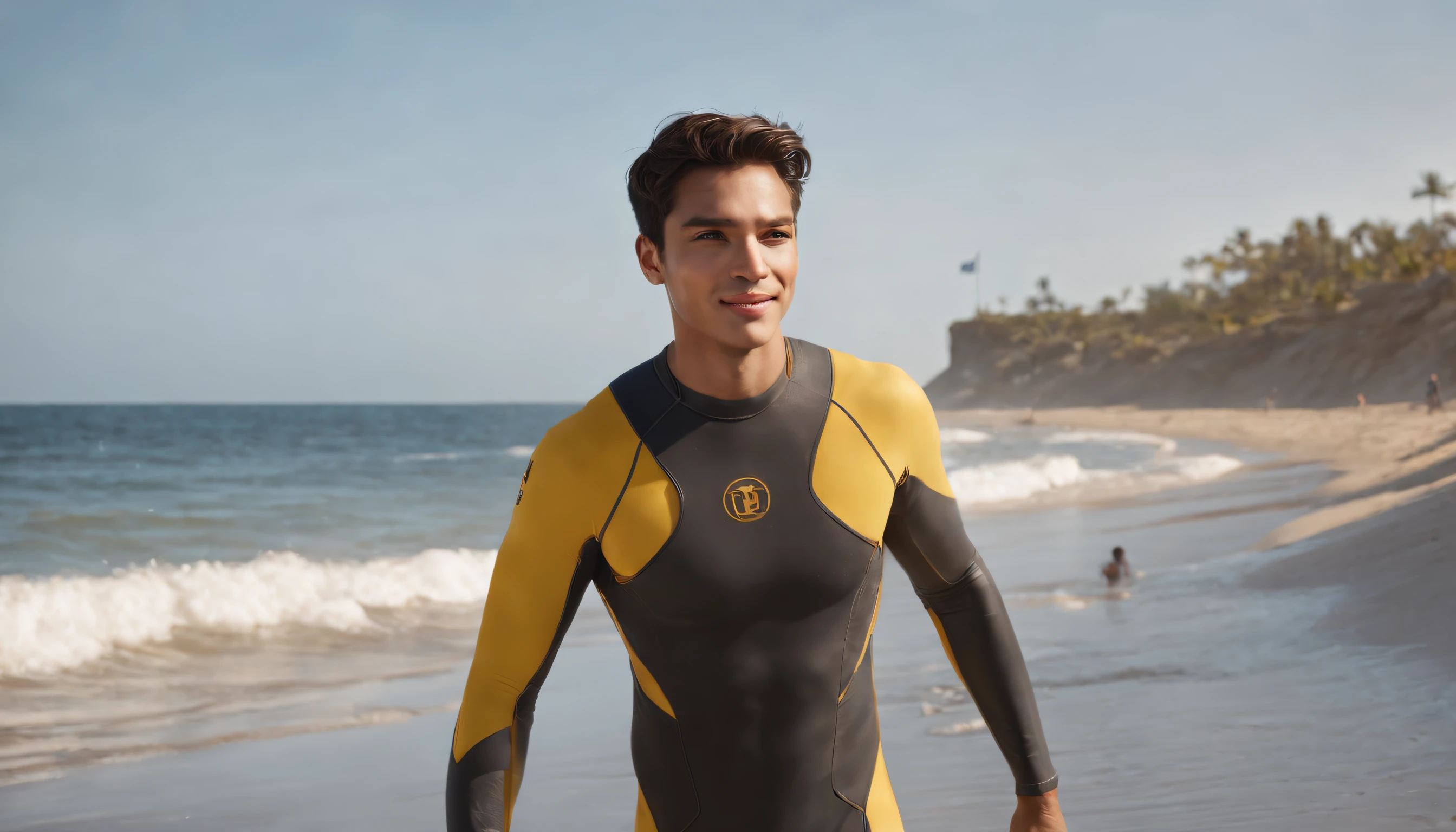 RAW, Masterpiece, Super Fine Photo, Ultra High Resolution, Photorealistic, Sunlight, Full Body Portrait, latino hispanic young man wearing a full body, black and yellow wetsuit, slight manly buldge, black hair with blonde highlights, ponytail cyberpunk hairstyle, smiling face, open mouth, gold teeth, standing on a sandy beach facing the ocean, cybernetically enhanced, pigeoncore, neo-dadaist, mechanized precision, people swimming in the ocean, boats floating, people playing volleyball on the beach, children building sand castle in the background, swimming in the water, in the style of mecha sci-fi anime, 8k, best quality, highres,Ultra-realistic 64K CG, Photorealista:1.4, Skin Texture:1.4, Volumetric fog, 8k uhd, dslr, high quality, film grain, fair skin, photorealism, lomography, translucent