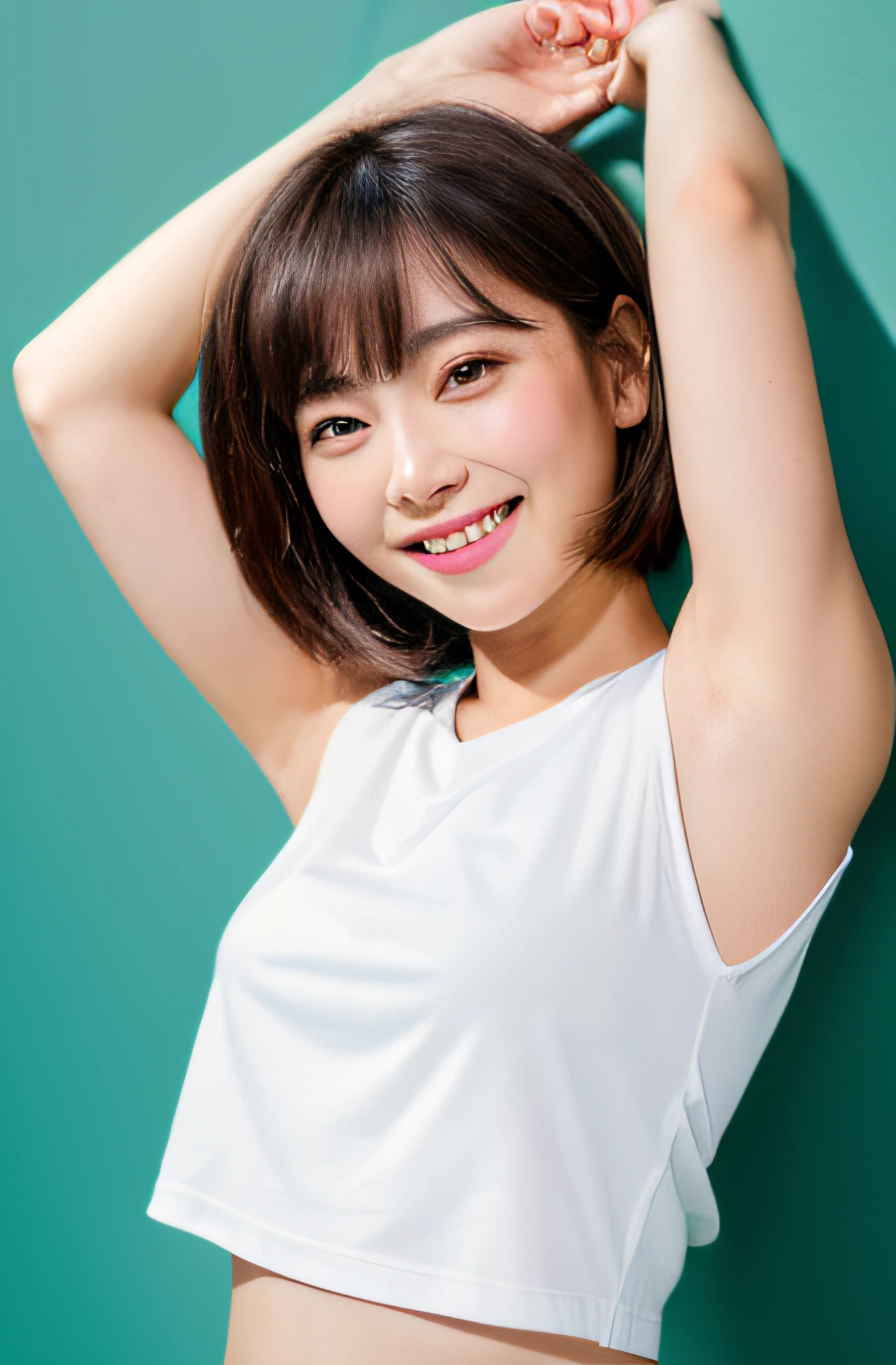 (top-quality、8k、32k、masterpiece、UHD:1.2)、Photo of a cute Japanese woman、very short bobbed hair、The upper part of the body、simple background、a smile、tshirts、Raising his hand to show his armpits、Clean armpits、