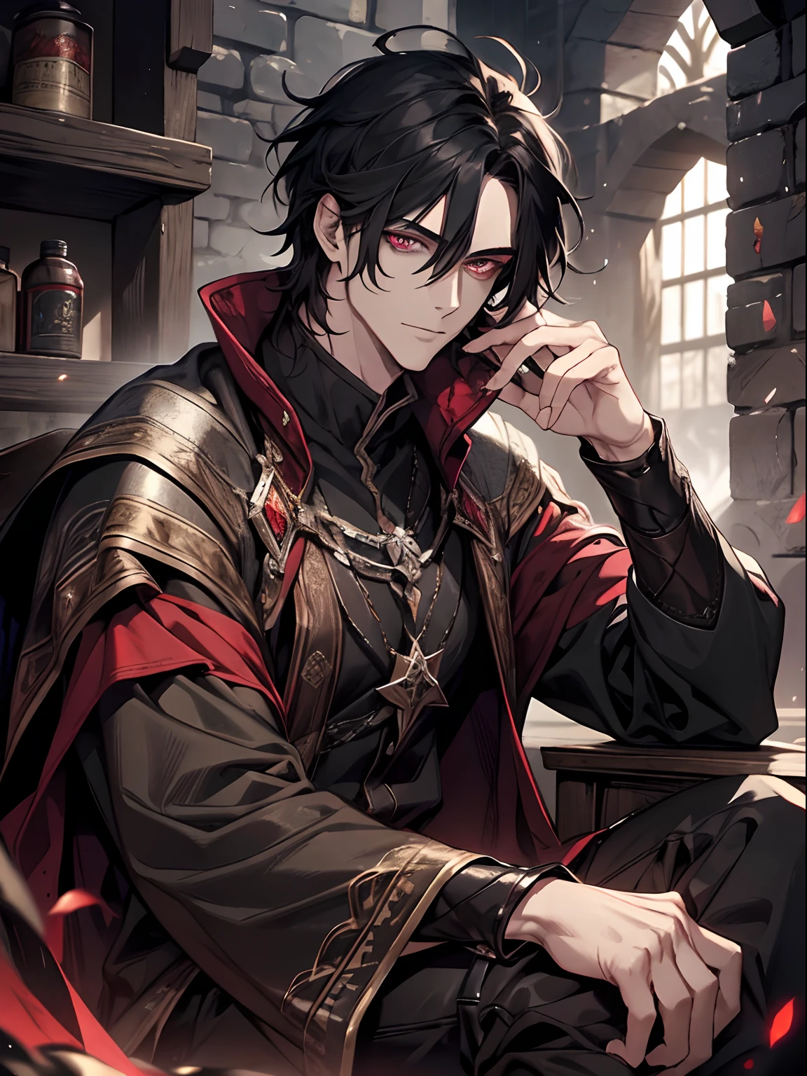 1 male, age 39 face, handsome, messy black hair, crimson eyes, dark sorcery, black magic, black magic, condescending, sitting in a dark dungeon, medieval fantasy