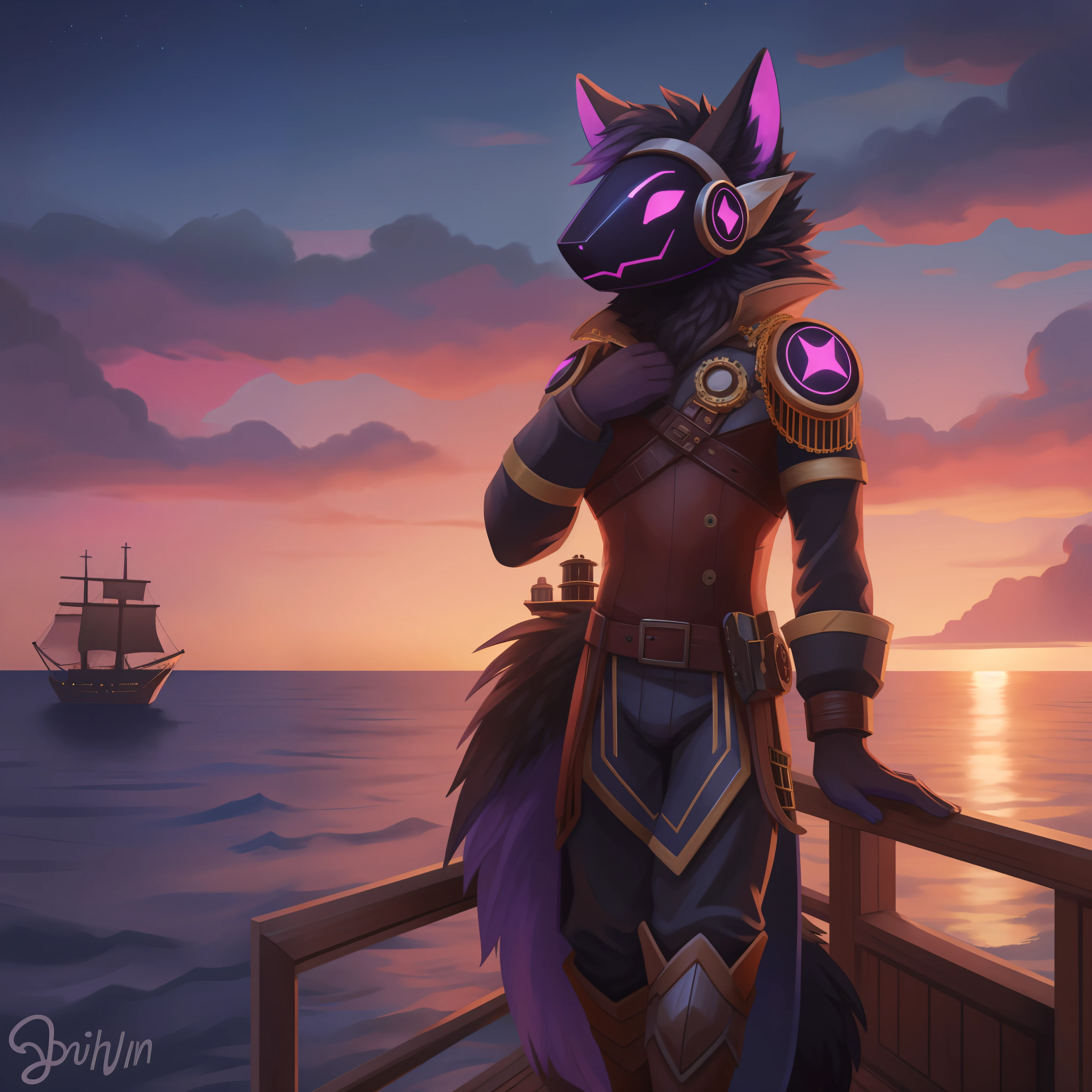 Protogen, furry art, masterpiece, great ???????, black fur, neon purple details, detailed background, industrial revolution, sunset, fluffy tail, male, wearing a black captain outfit, solo, large wooden ship, steampunk, ocean
