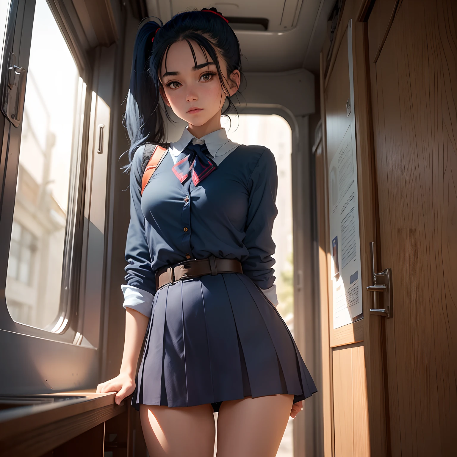 1girl in, Solo, Laura S. Alceid (long dark blue hair, Ponytail and side van, small tit), (Inspired by the trail of cold steel) In a school dress showing off her panties, In military schools, embarrassed