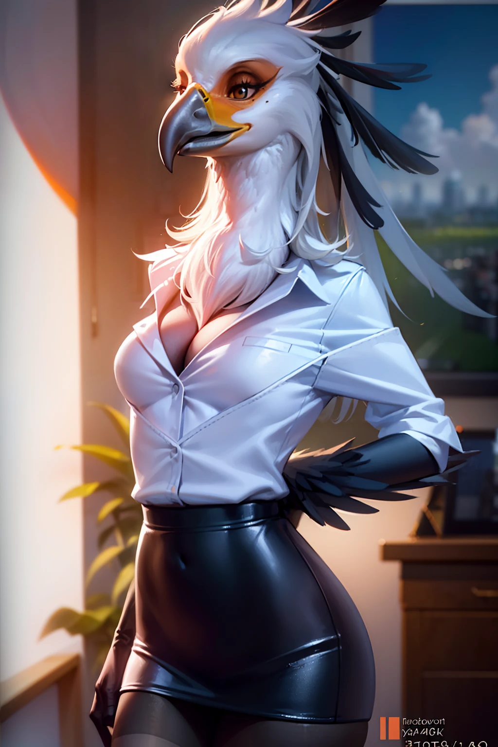 anthro secretary_bird, beak, winged-arms, stewardess outfit, on a plane, (best quality,4k,8k,highres,masterpiece:1.2), ultra-detailed, (realistic,photorealistic,photo-realistic:1.37), HDR, UHD, studio lighting, vivid colors, bokeh, (concept artists), (bird-of-paradise colors), (bright and vibrant), (soft and warm light), sexy sultry, provocative, cleavage,