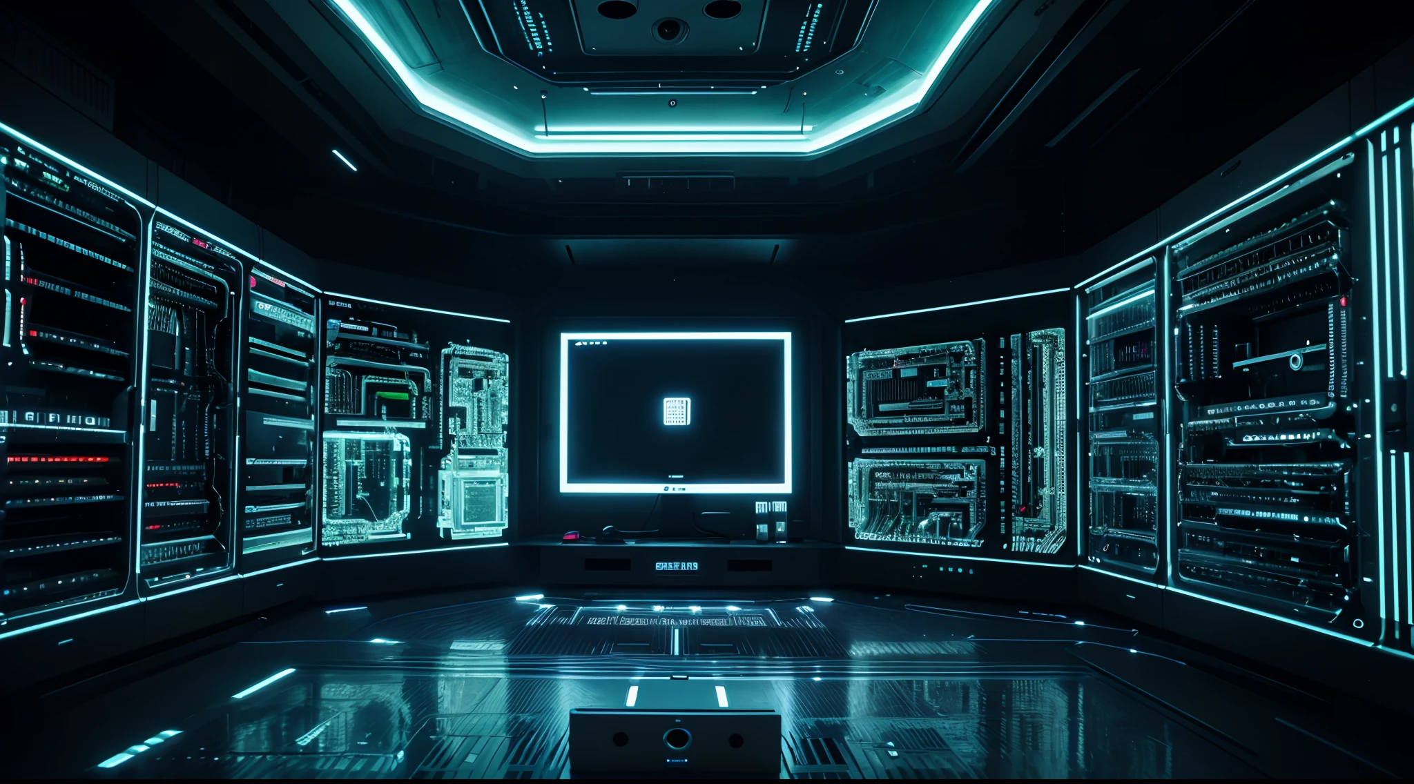 In a state-of-the-art data center, 1 towering server racks adorned with pulsating LED lights, minimalist, intricately simple motherboards, and circuit chips form a futuristic . The rugged computer in the center with 6 big screen monitor, linked to the mainframe by a robust network cable. A neon network cable emanates an light green glow, symbolizing the vital connectivity in this digital realm. laser dot, dynamic visual experience. The fusion of cutting-edge design and technology creates a virtual labyrinth where reality and sci-fi seamlessly converge, inviting exploration of the digital landscape. white empty wall in both sides