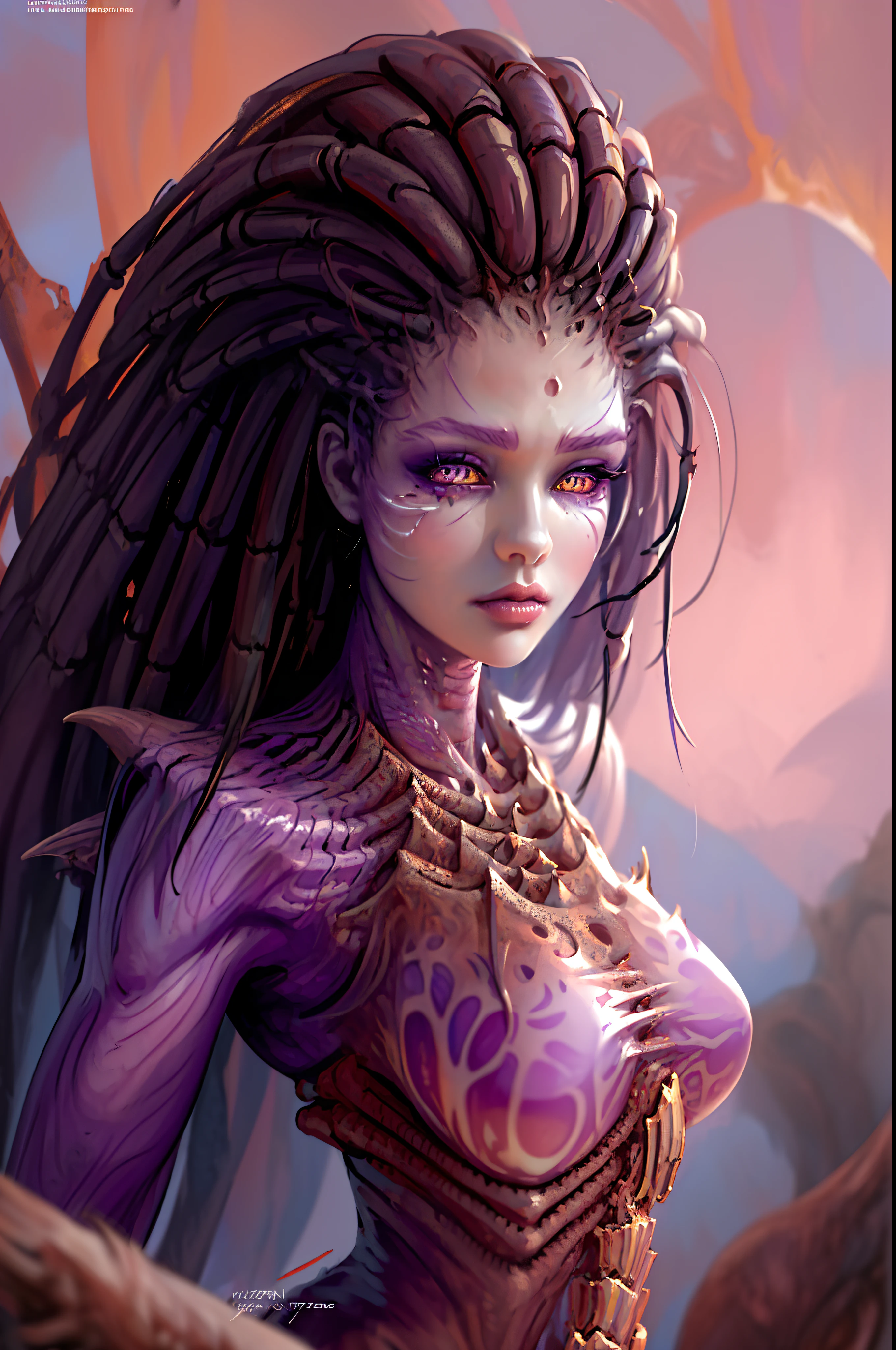 Zerg Queen Beautiful Girl: Lanlinger 18 years old, messy hair, oil painting, beautiful (perfect face), soft skin perfect face, light purple and purple added, light red added, intricate details, splash screen, 8k resolution, masterpiece, cute face, mysterious magic array background