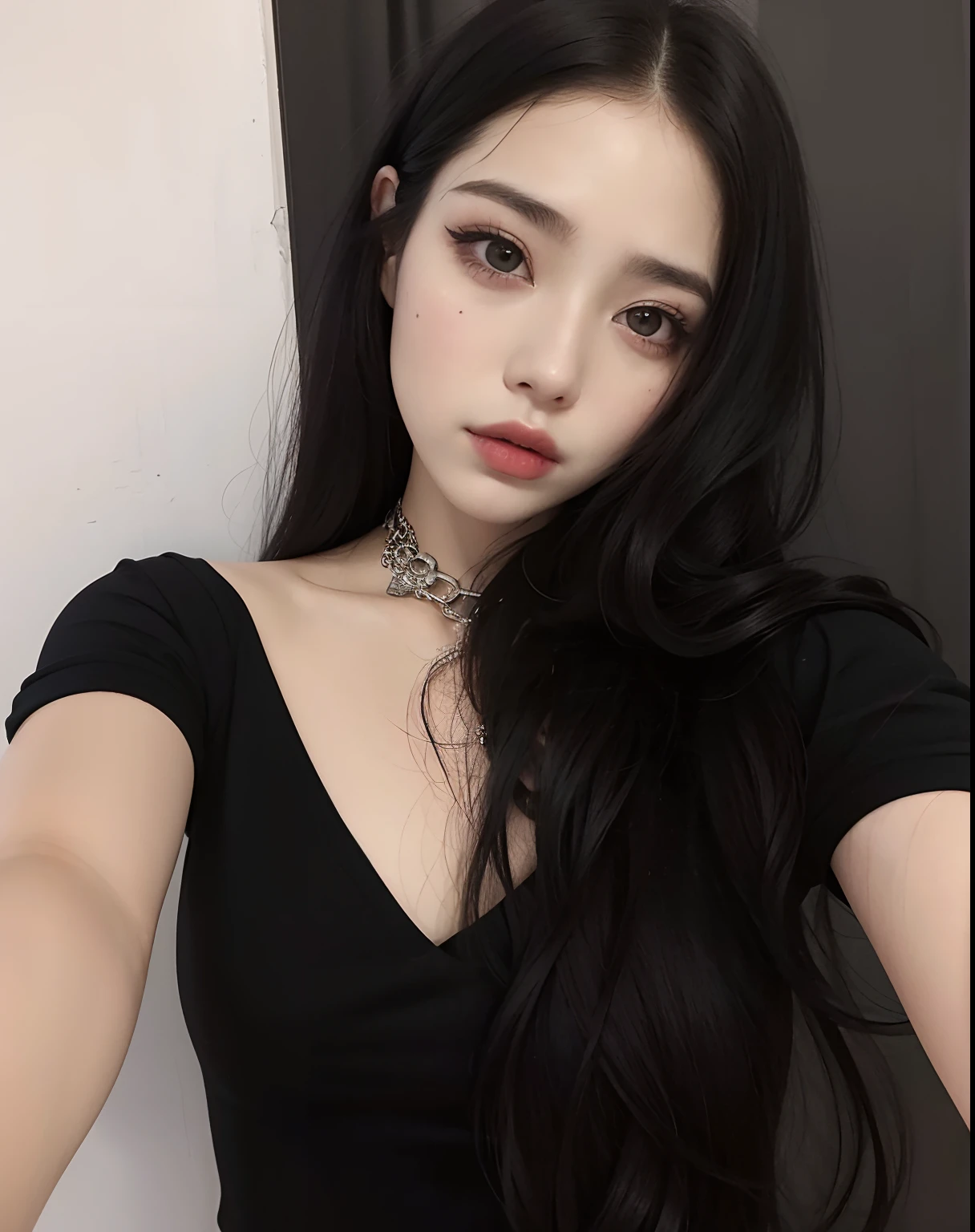 There is a woman who is posing for a photo in a mirror, dilraba dilmurat, cruel korean goth girl, a young asian woman, menina coreana, 19-year-old girl, goth girl aesthetic, 18 anos, an Asian woman, Mulher sul-coreana bonita, 🤤 retrato da menina, com cabelos longos e olhos penetrantes, Ulzzang