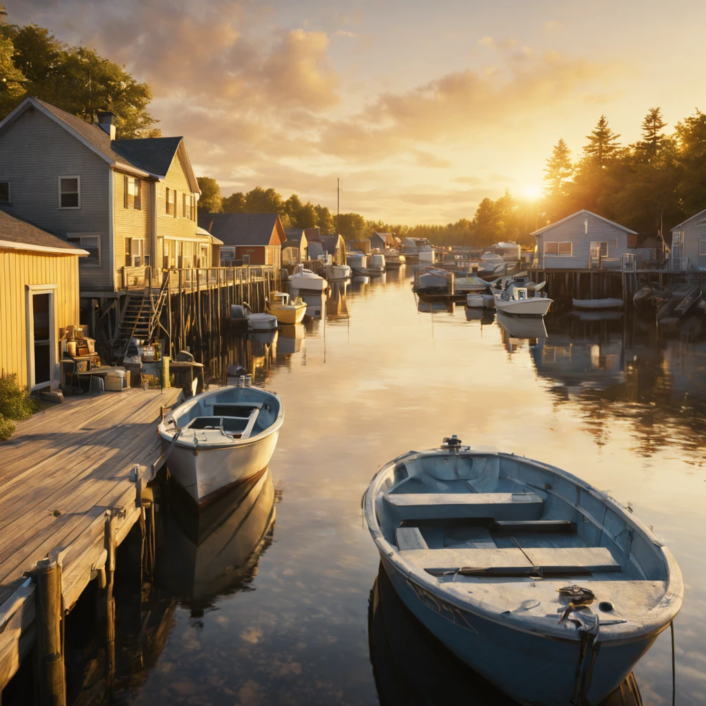small fishing harbor in a small township in the northern united states, modern days, summer, soft light of the yellow sunset, realistic, cinematic, warm tones, soft colors, ultra quality, hyper realistic