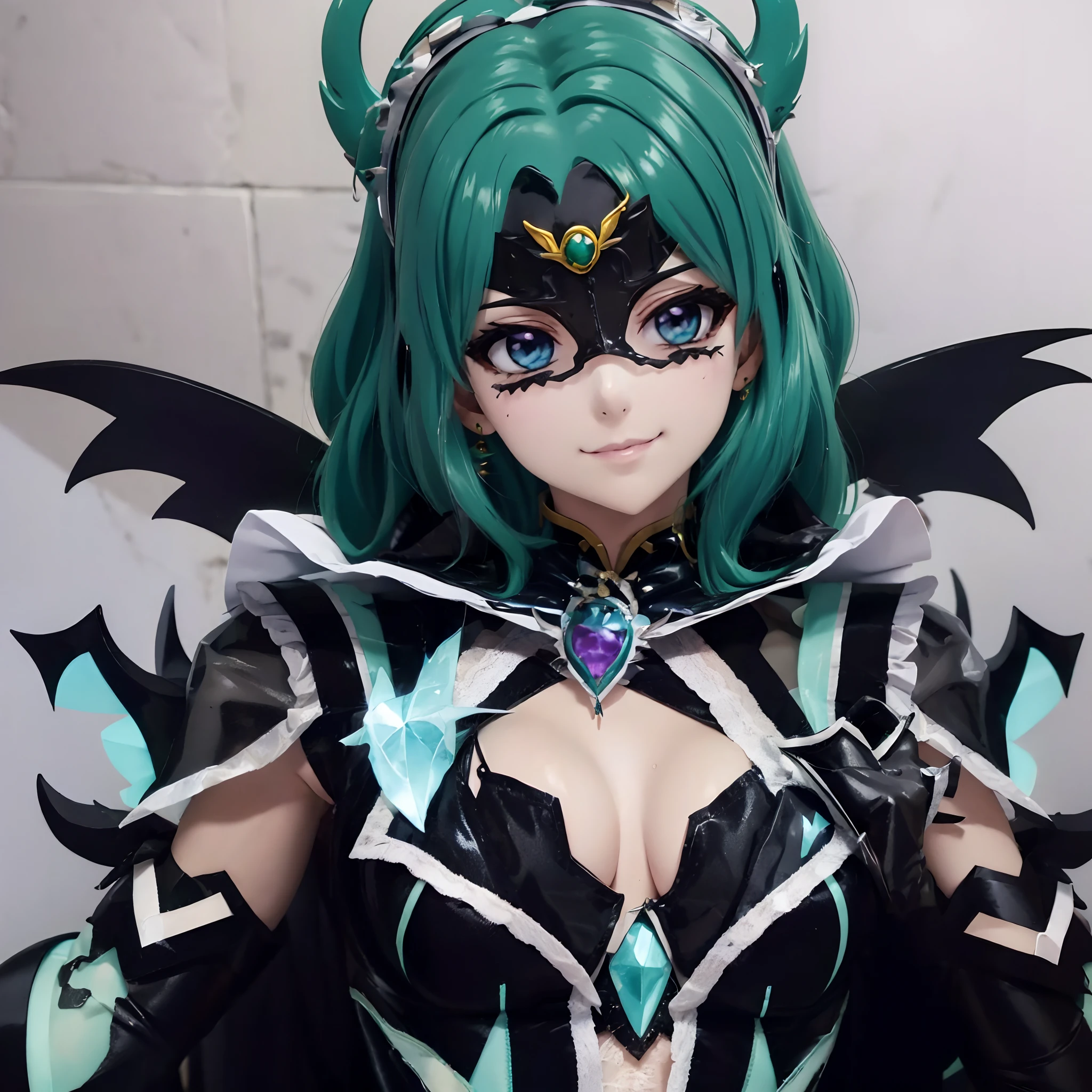 Sailor Neptune of the Fallen. female solo. Aqua color hair. Brainwashed eyes. A black mask that hides the eyes. Evil costume. nefarious smirk. Latex Costume. Full Body Stockings. Futuristic machine background.